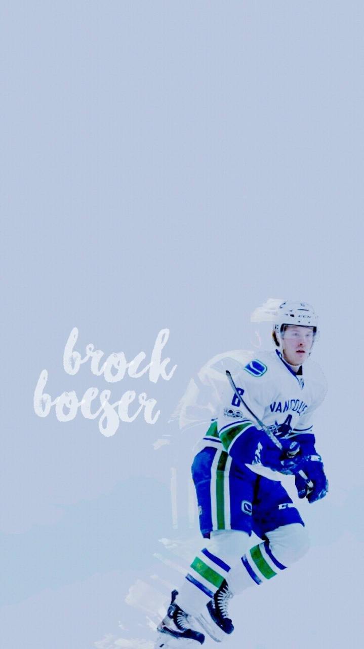 運動 桌布 壁紙 — 冰球運動員 Brock Boeser 身穿溫哥華加人隊裝備，在柔和的藍色背景上動態滑行，附近有他的名字字樣。