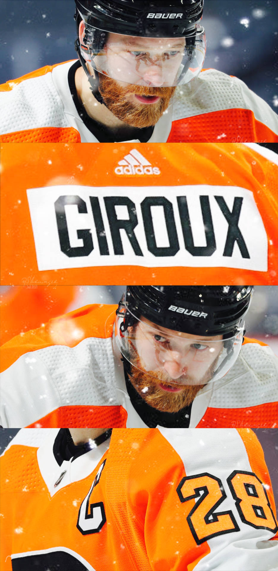 愛迪達 桌布 壁紙 — 冰球運動員 Claude Giroux 身穿橙色和白色球衣的特寫，雪花在他周圍飄落。
