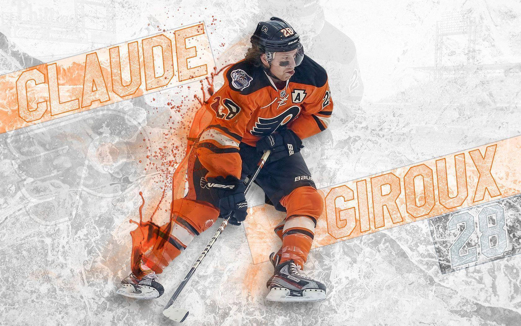 運動 桌布 壁紙 — 冰球運動員 Claude Giroux 身穿橙色球衣蹲在冰面上，帶有動態的顏料飛濺效果和粗體名字圖形。