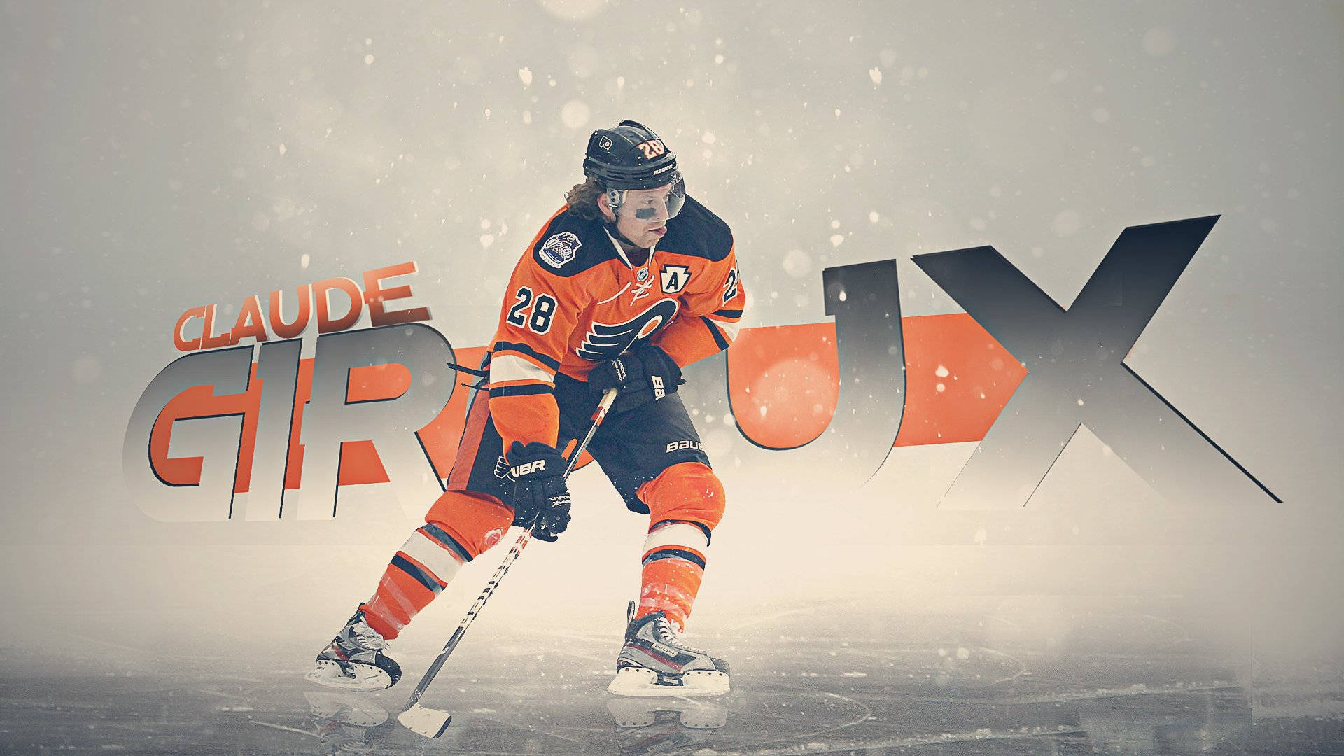 冰 桌布 壁紙 — 冰球運動員 Claude Giroux 身穿橙色球衣，在雪花飄落的冰面上滑行。