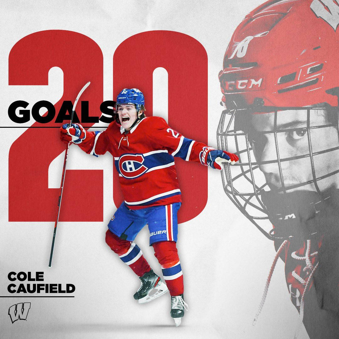 運動 桌布 壁紙 — 冰球運動員 Cole Caufield 穿著充滿動感的紅藍色蒙特婁加拿大人隊球衣慶祝射進20球。