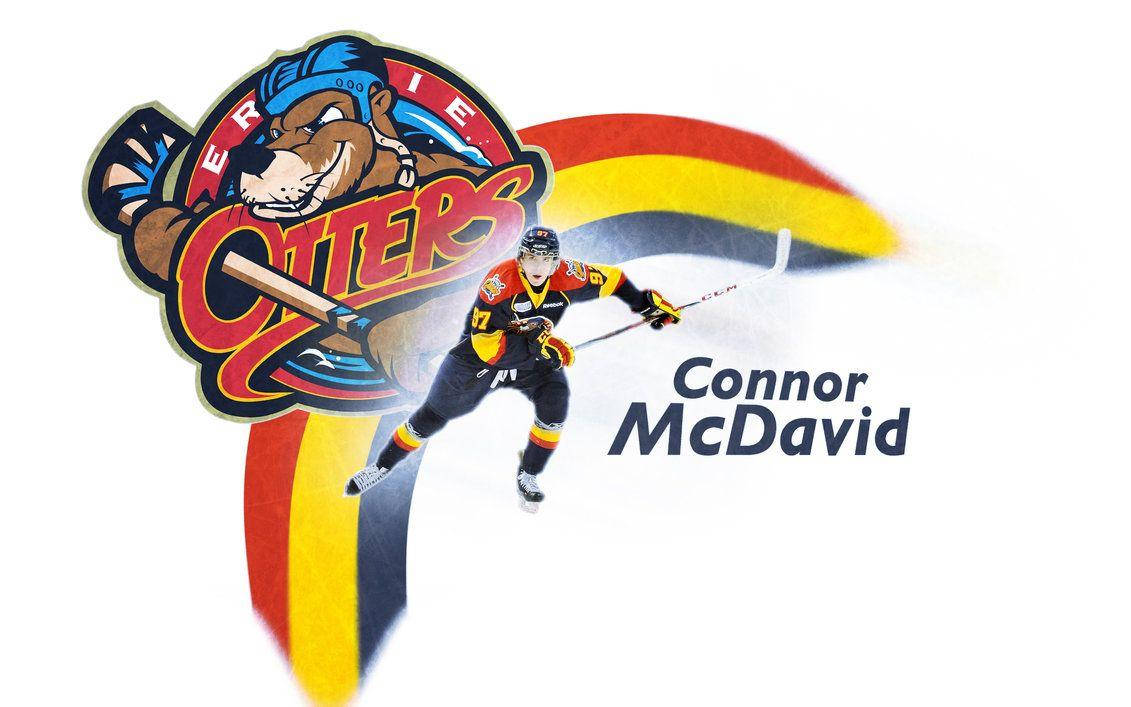 hockey 桌布 壁紙 — 冰球運動員 Connor McDavid 在 Erie Otters 標誌旁擺出動作姿勢，帶有鮮豔的彩虹軌跡。