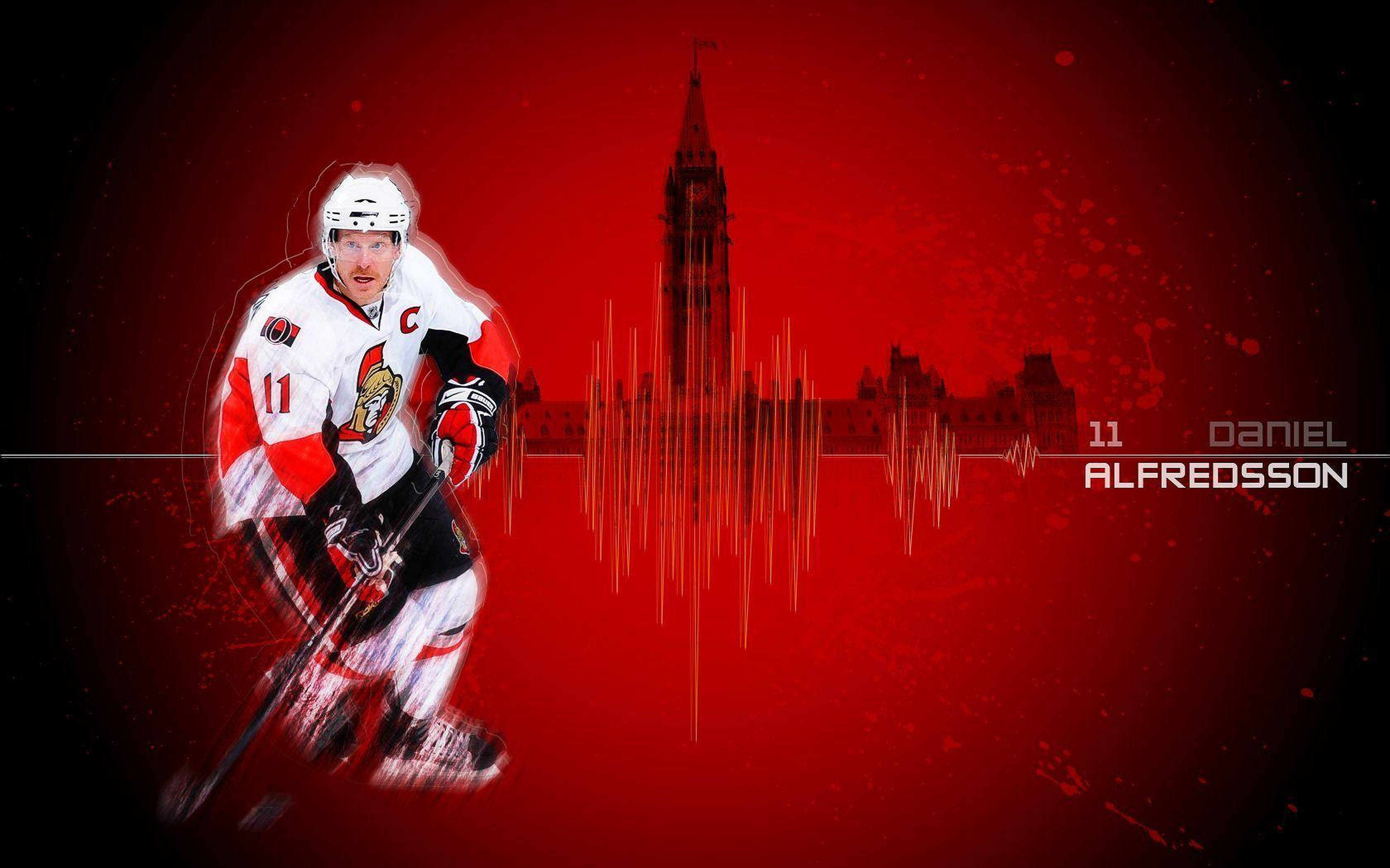 Senators 桌布 壁紙 — 冰球運動員 Daniel Alfredsson 身穿白色球衣配紅色點綴，在充滿活力的紅色背景上動態滑冰，背景是渥太華國會山的輪廓。