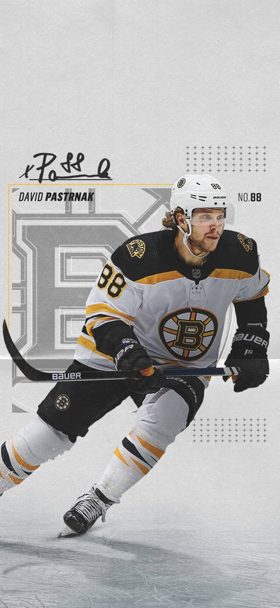 運動 桌布 壁紙 — 冰球運動員 David Pastrnak 身穿波士頓棕熊隊制服，在冰上動態滑行，並帶有圖形設計元素。