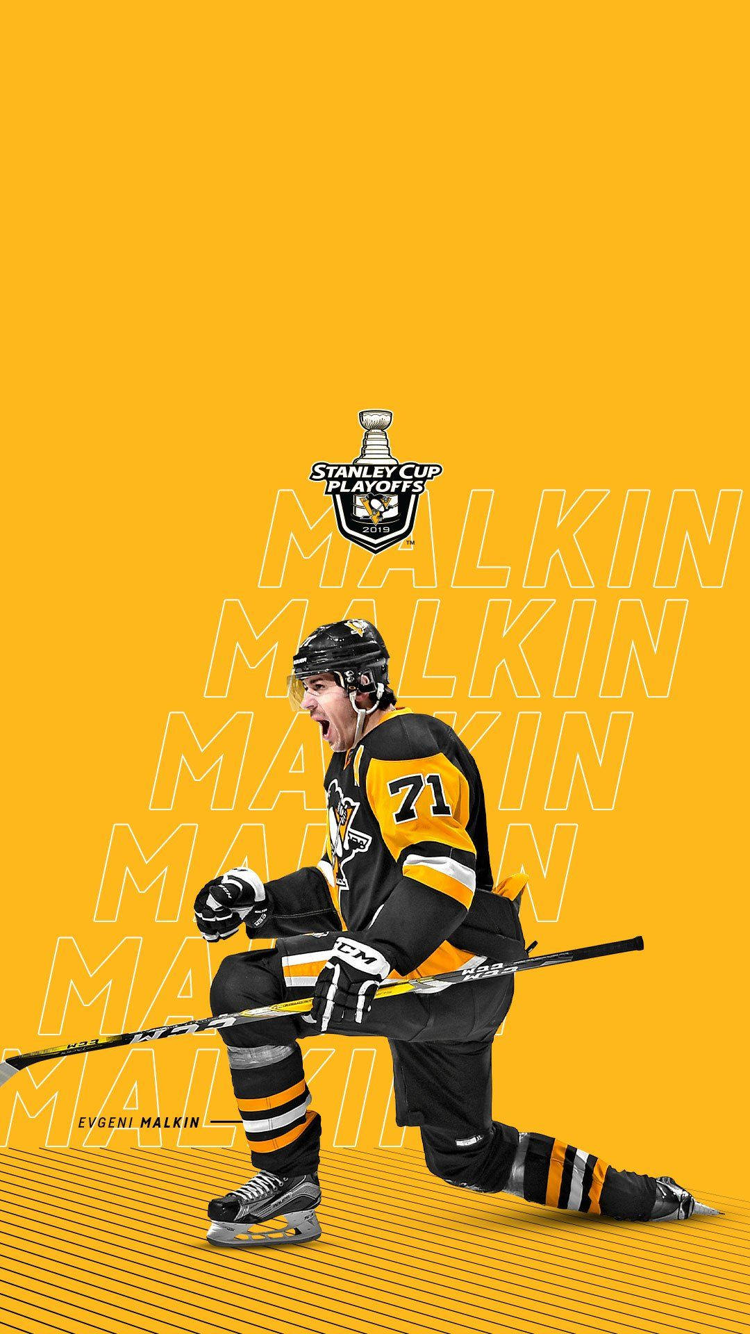 運動 桌布 壁紙 — 冰球運動員 Evgeni Malkin 身穿黑金色球衣，在鮮黃色背景上動態跪地，背景重複出現名字文字及 Stanley Cup Playoffs 標誌。