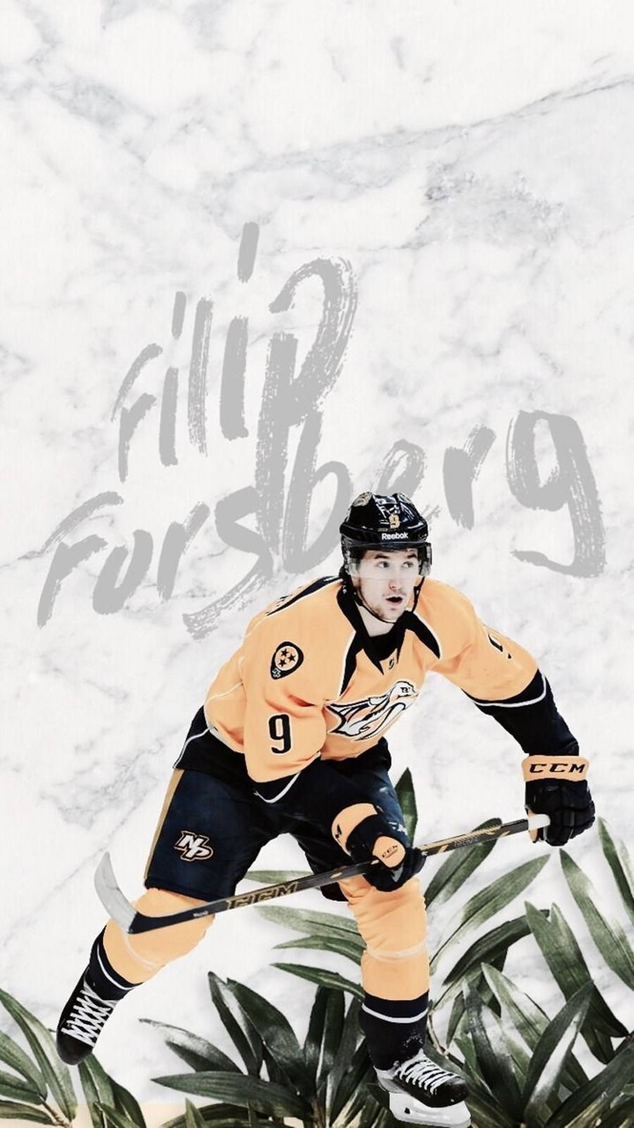 運動 桌布 壁紙 — 冰球運動員 Filip Forsberg 身穿橙色球衣，在大理石背景與熱帶葉片中動態蹲下。