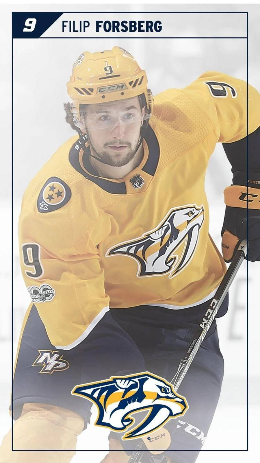 運動 桌布 壁紙 — 冰球運動員 Filip Forsberg 身穿黃色 Nashville Predators 球衣，蹲在冰上準備好球棍。