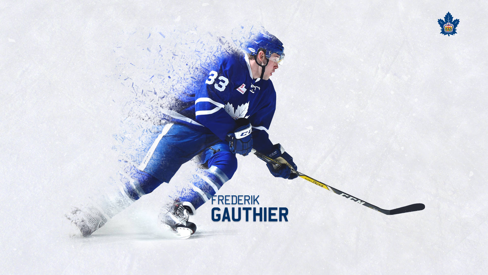 Cool Hockey 桌布 壁紙 — 冰球運動員 Frederik Gauthier 身穿藍色多倫多楓葉隊裝備，在快速比賽中揮桿劃過冰面。