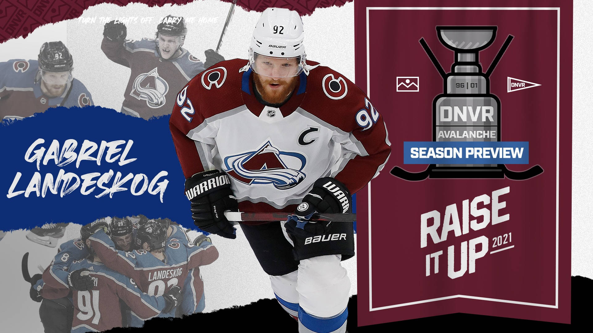 運動 桌布 壁紙 — 冰球運動員 Gabriel Landeskog 身穿科羅拉多雪崩隊裝備，在球隊圖像和賽季預覽圖形的拼貼背景下動態擺姿勢。