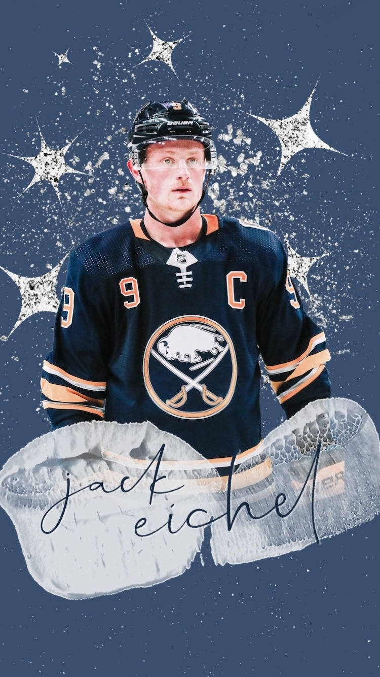 運動 桌布 壁紙 — 冰球運動員 Jack Eichel 身穿水牛城軍刀隊球衣，站在星光閃爍的冰背景前，下方有他的名字。
