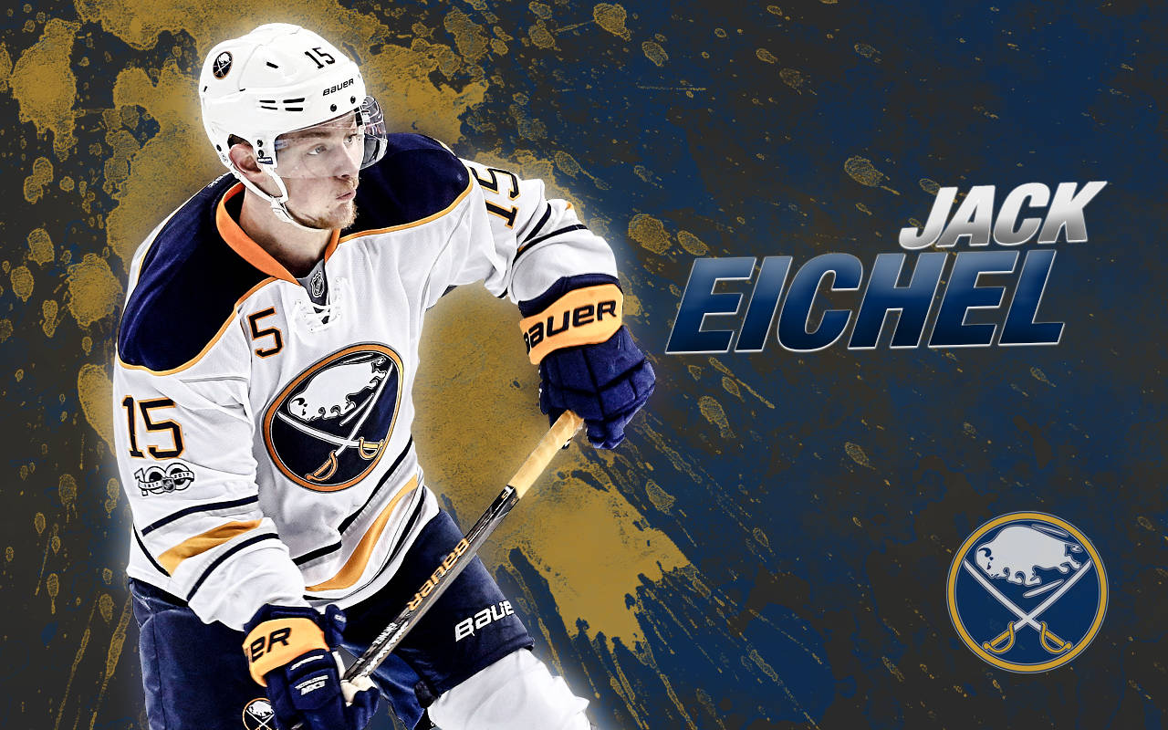 運動 桌布 壁紙 — 冰球運動員 Jack Eichel 穿著 Buffalo Sabres 裝備，在動態的藍色和金色潑濺背景中行動。