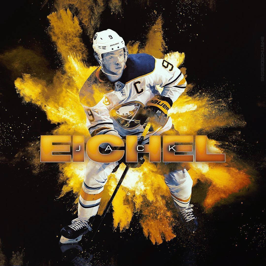 運動 桌布 壁紙 — 冰球運動員 Jack Eichel 身穿白色制服，在黑色背景下衝破金色粉末。