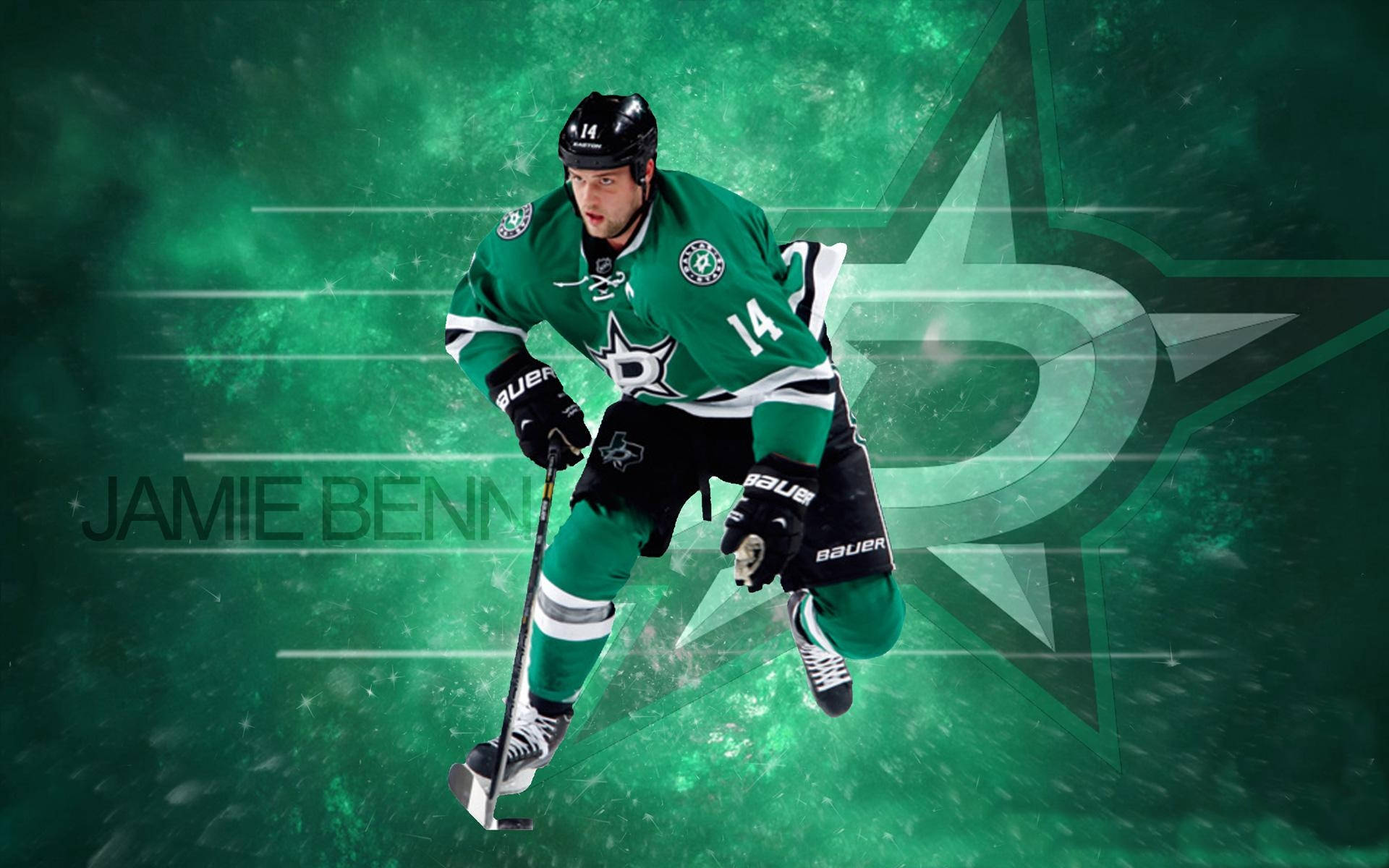 運動 桌布 壁紙 — 冰球運動員 Jamie Benn 身穿綠色達拉斯星隊球衣，在發光的綠色星星背景下動態滑冰。