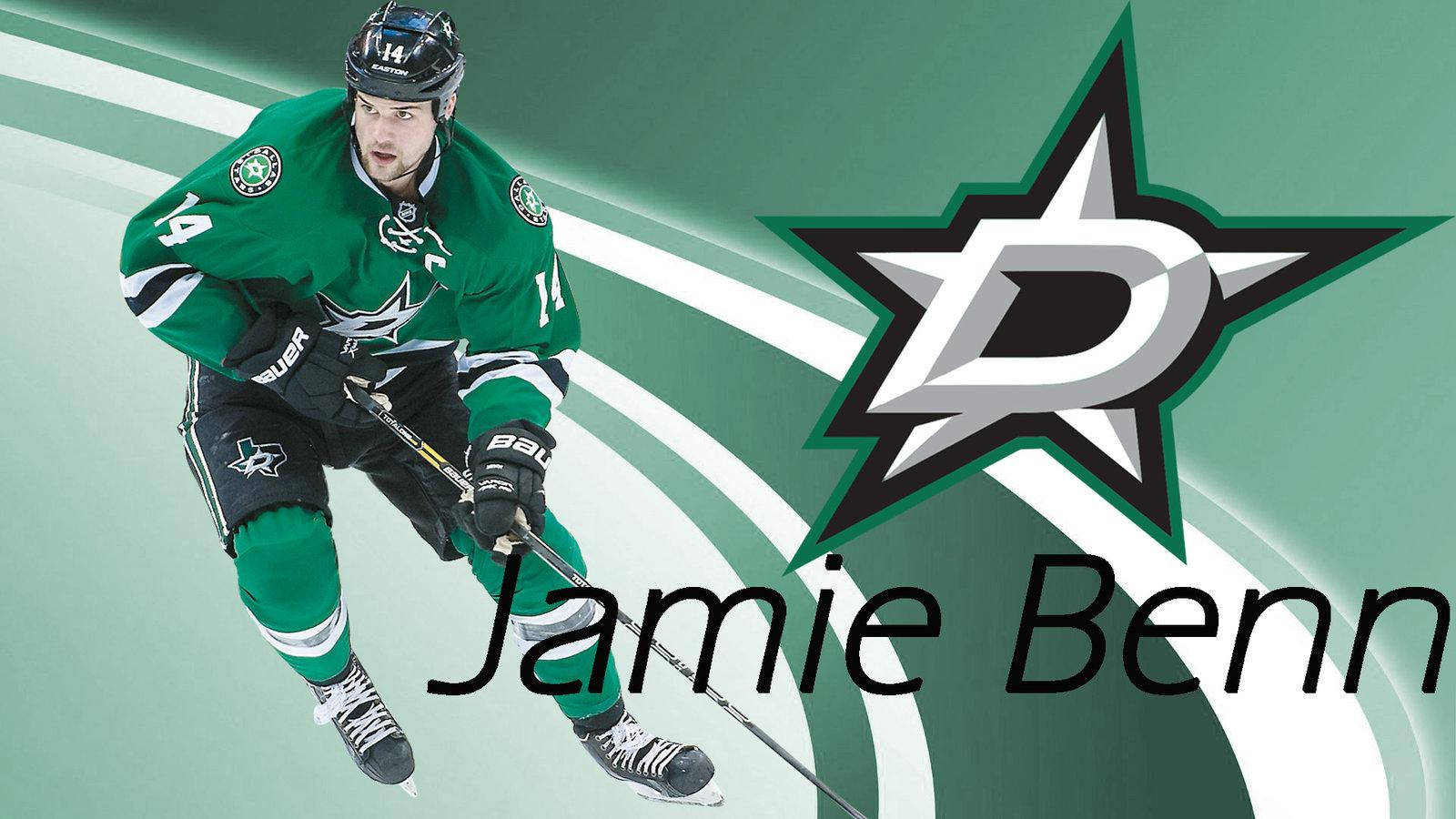 運動 桌布 壁紙 — 冰球運動員 Jamie Benn 身穿綠色達拉斯星隊球衣，在綠色和白色星星主題背景上動感滑行。