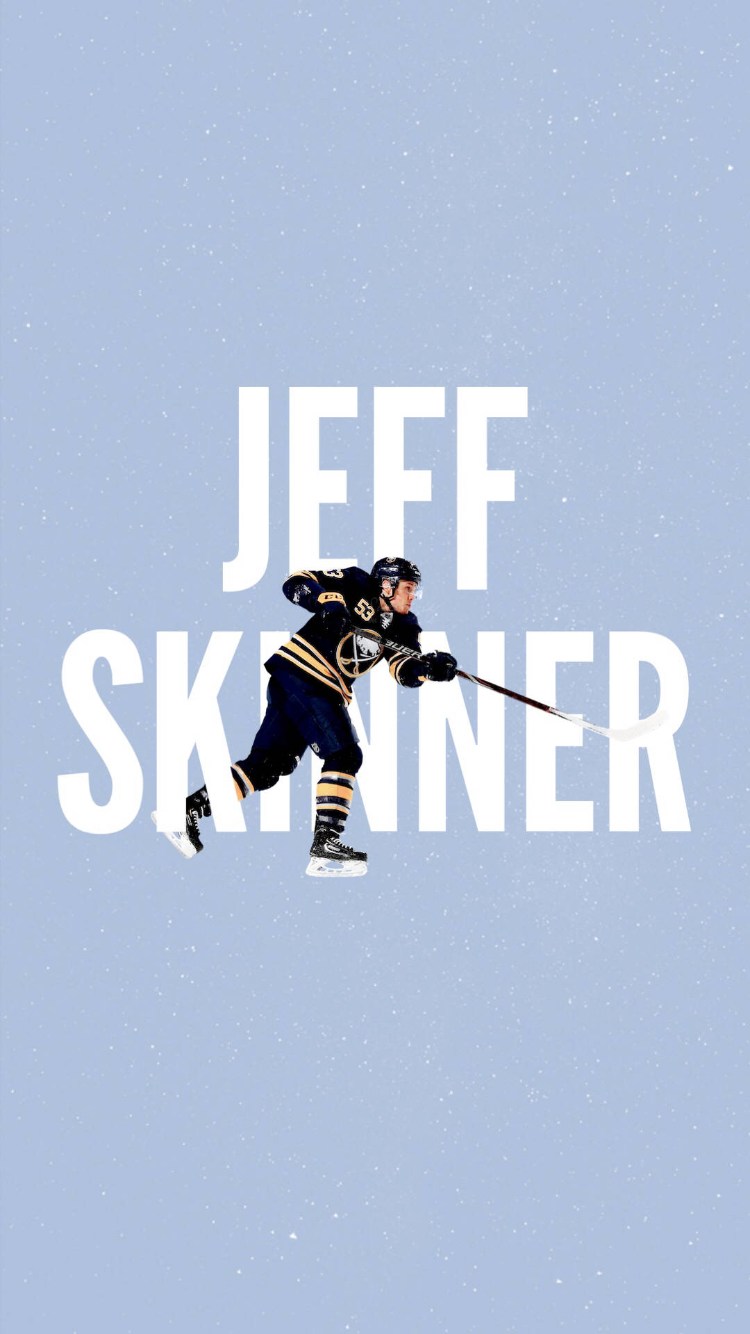 hockey 桌布 壁紙 — 冰球運動員 Jeff Skinner 在淺藍色雪景背景前擺出動作姿勢，他的名字以粗體白色字母呈現。