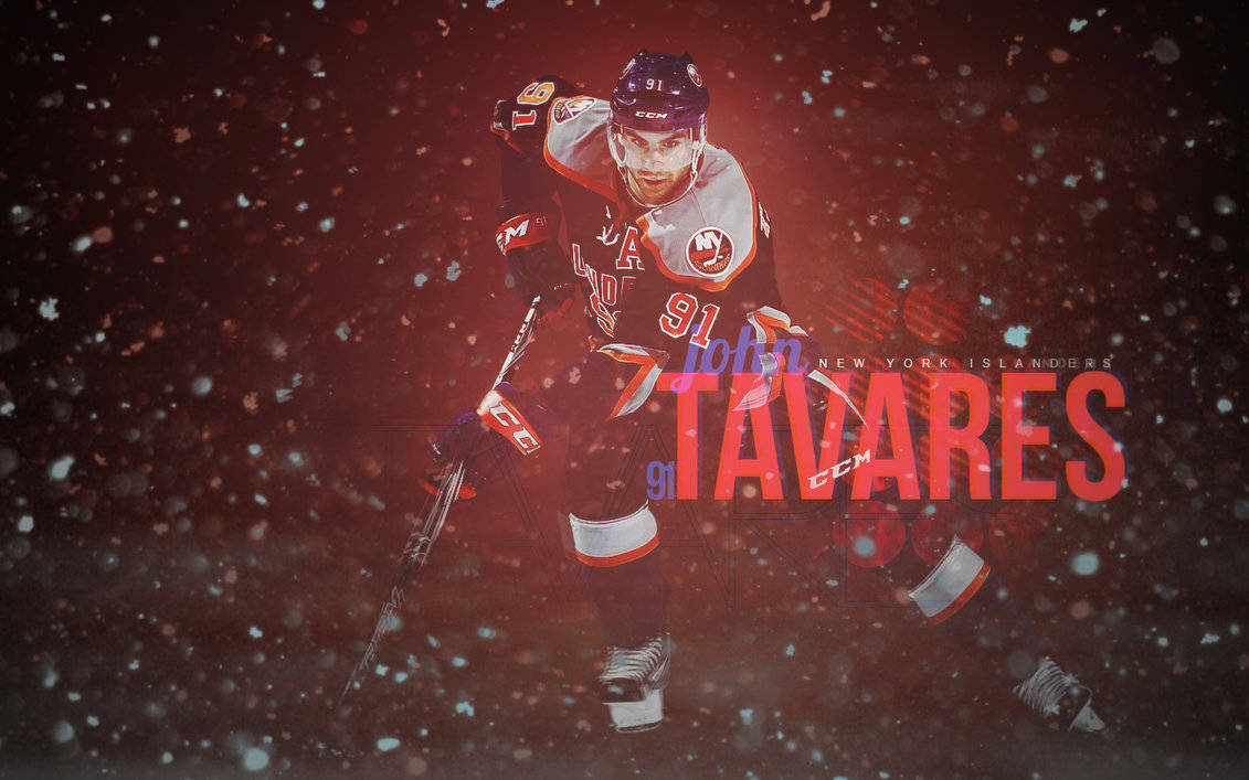 運動 桌布 壁紙 — 冰球運動員 John Tavares 身穿紐約島民隊裝備，在雪紅背景上展示他的名字和號碼的動作場面。