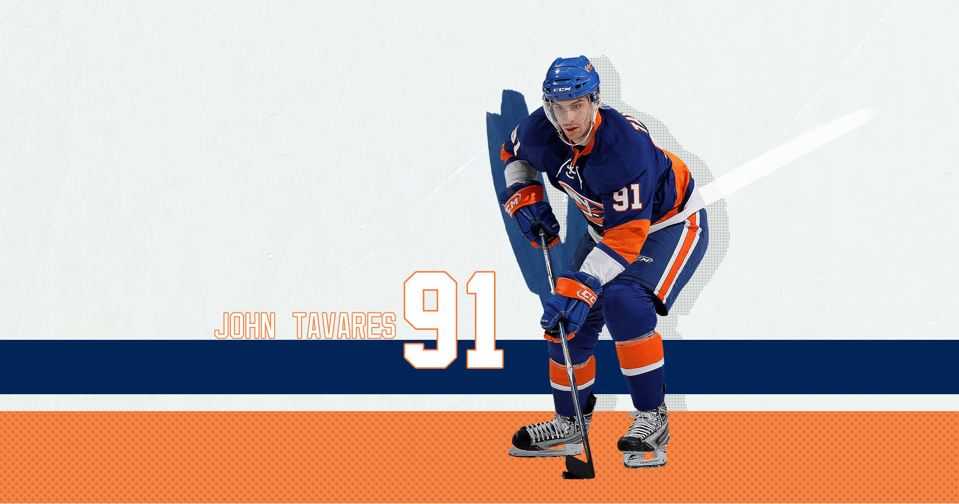運動 桌布 壁紙 — 冰球運動員 John Tavares 身穿藍橙色制服，蹲在冰上，手持球桿，下方有粗體數字 91 圖案。