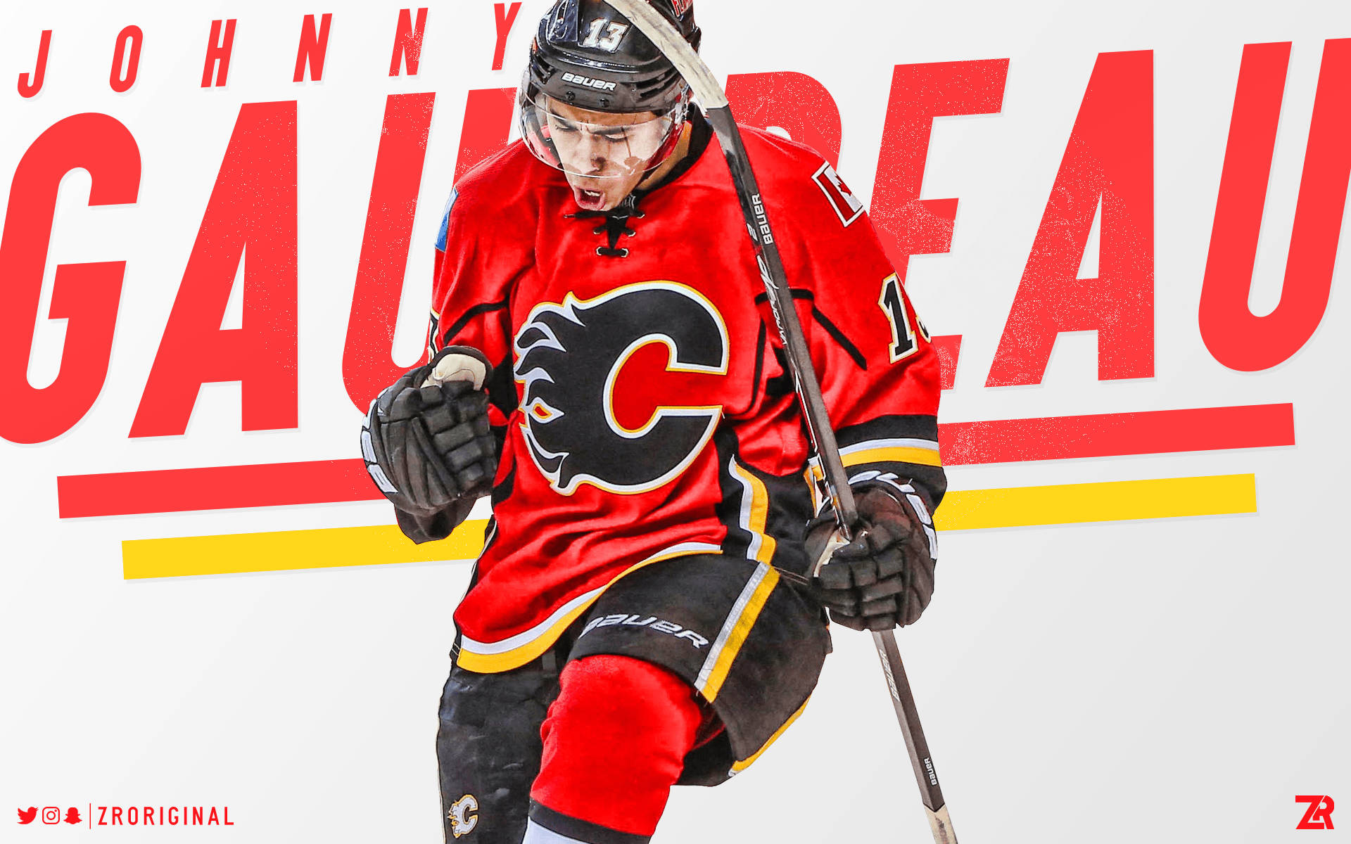 hockey 桌布 壁紙 — 冰球運動員 Johnny Gaudreau 身穿紅色卡加利火焰隊球衣，在粗體紅色文字背景前持棍動作中。