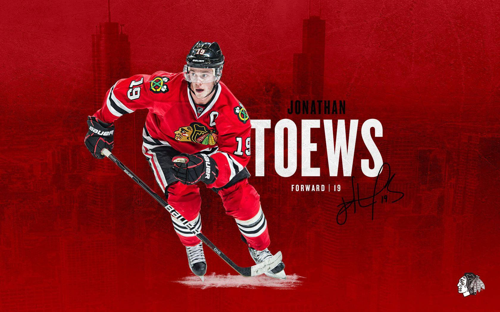 紅色動圖 桌布 壁紙 — 冰球運動員 Jonathan Toews 身穿紅色 Blackhawks 裝備，在鮮明的紅色城市天際線背景下動態滑冰。