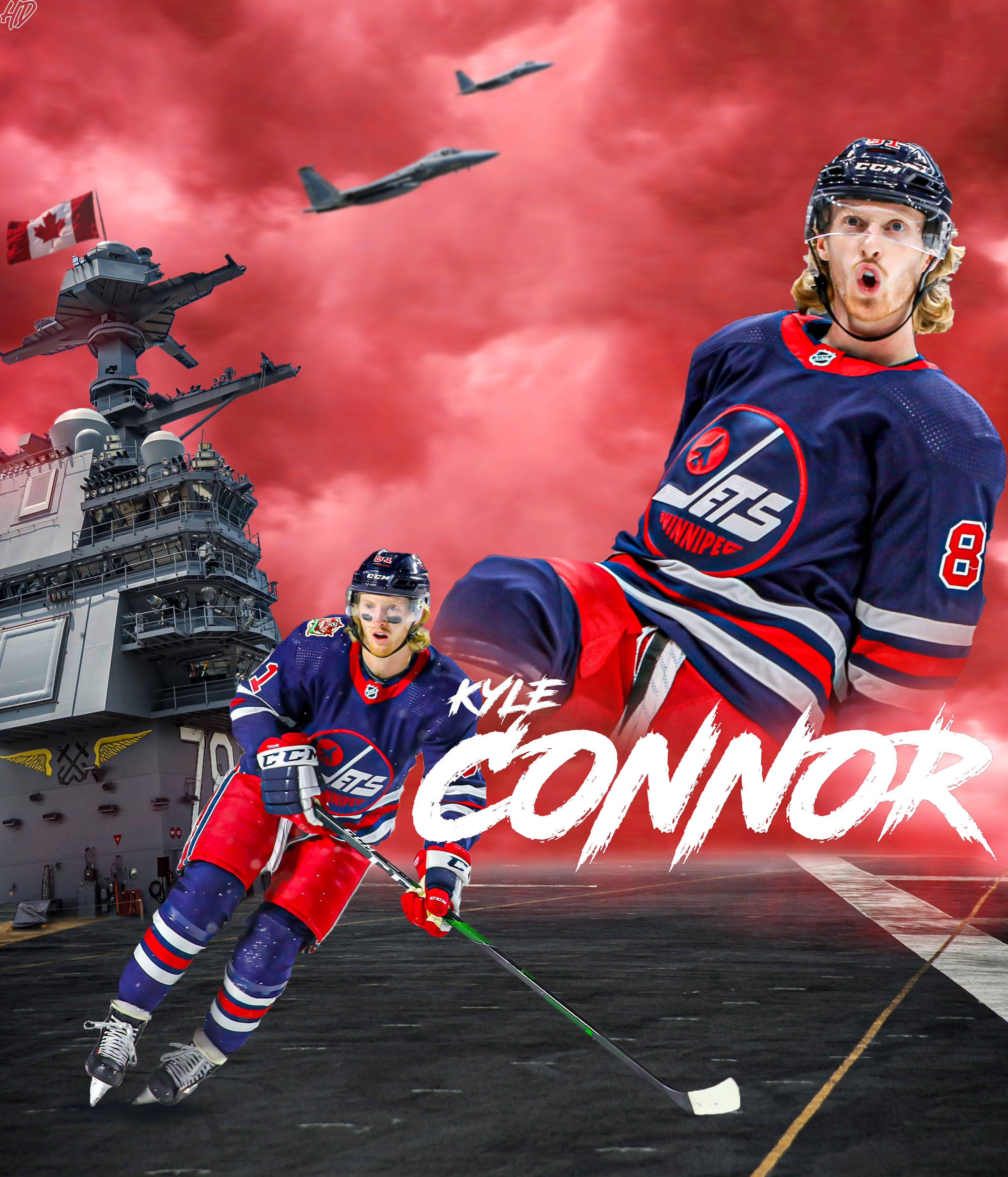 運動 桌布 壁紙 — 冰球運動員 Kyle Connor 在航空母艦甲板上行動，戰鬥機在頭頂飛過，背景是火紅的天空。