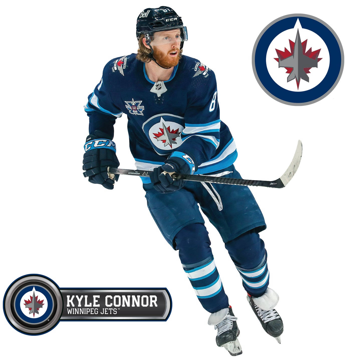 運動 桌布 壁紙 — 冰球運動員 Kyle Connor 身穿溫尼伯噴射機隊制服，在白色背景上動態滑行並持球桿。