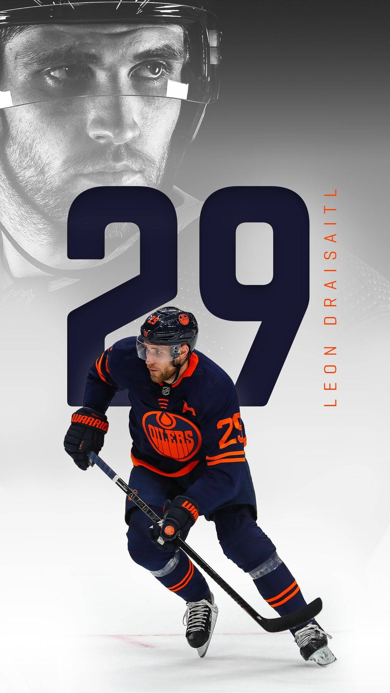 運動 桌布 壁紙 — 冰球運動員 Leon Draisaitl 身穿 29 號球衣比賽，並有特寫肖像重疊。