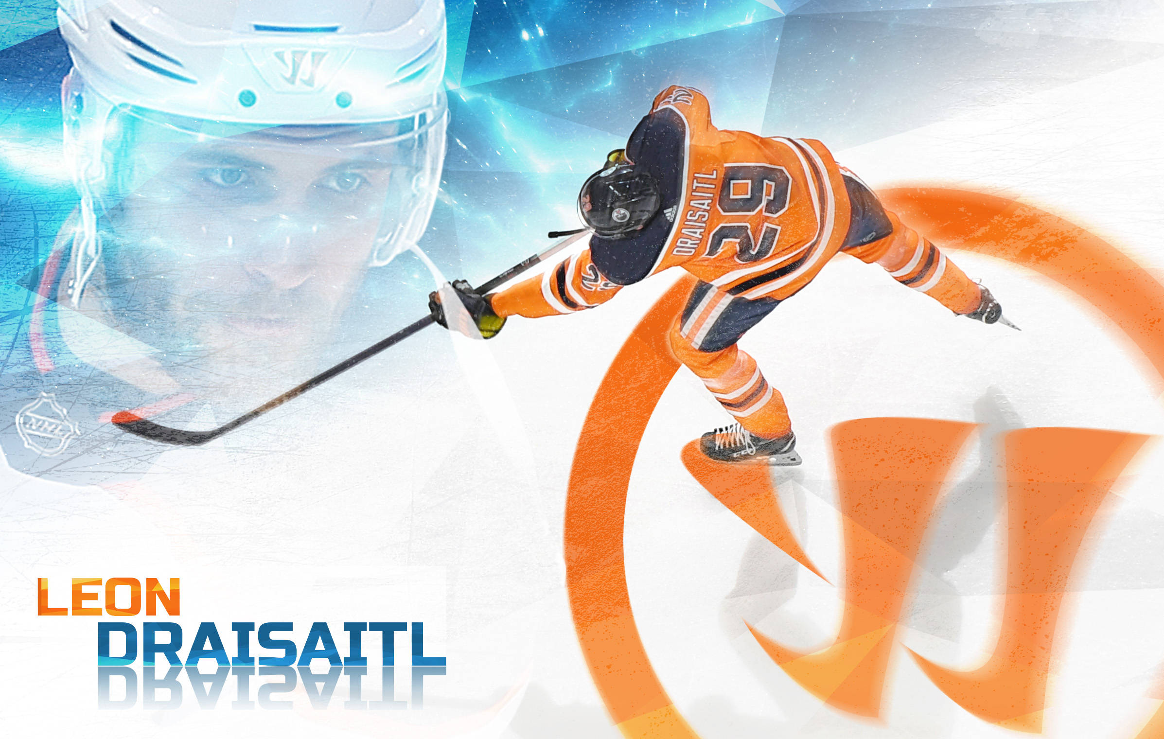 運動 桌布 壁紙 — 冰球運動員 Leon Draisaitl 身穿橙色球衣，動感滑行，帶有發光藍色能量效果和球隊標誌。