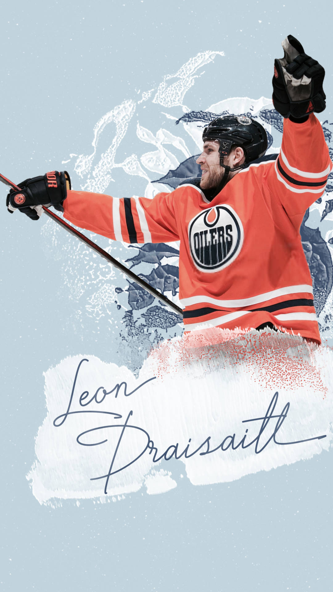 運動 桌布 壁紙 — 冰球運動員 Leon Draisaitl 身穿橙色 Edmonton Oilers 球衣，在冰冷抽象背景前高舉手套慶祝勝利。