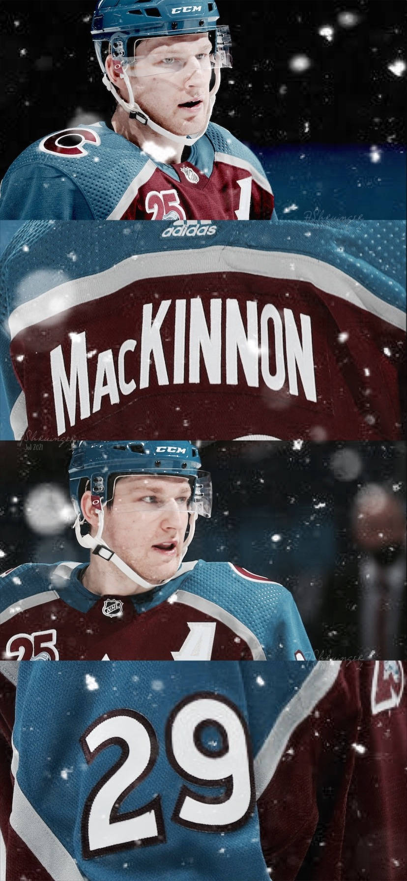 運動 桌布 壁紙 — 冰球運動員 MacKinnon 身穿栗色和藍綠色球衣的近距離拼貼，周圍有雪花飄落。