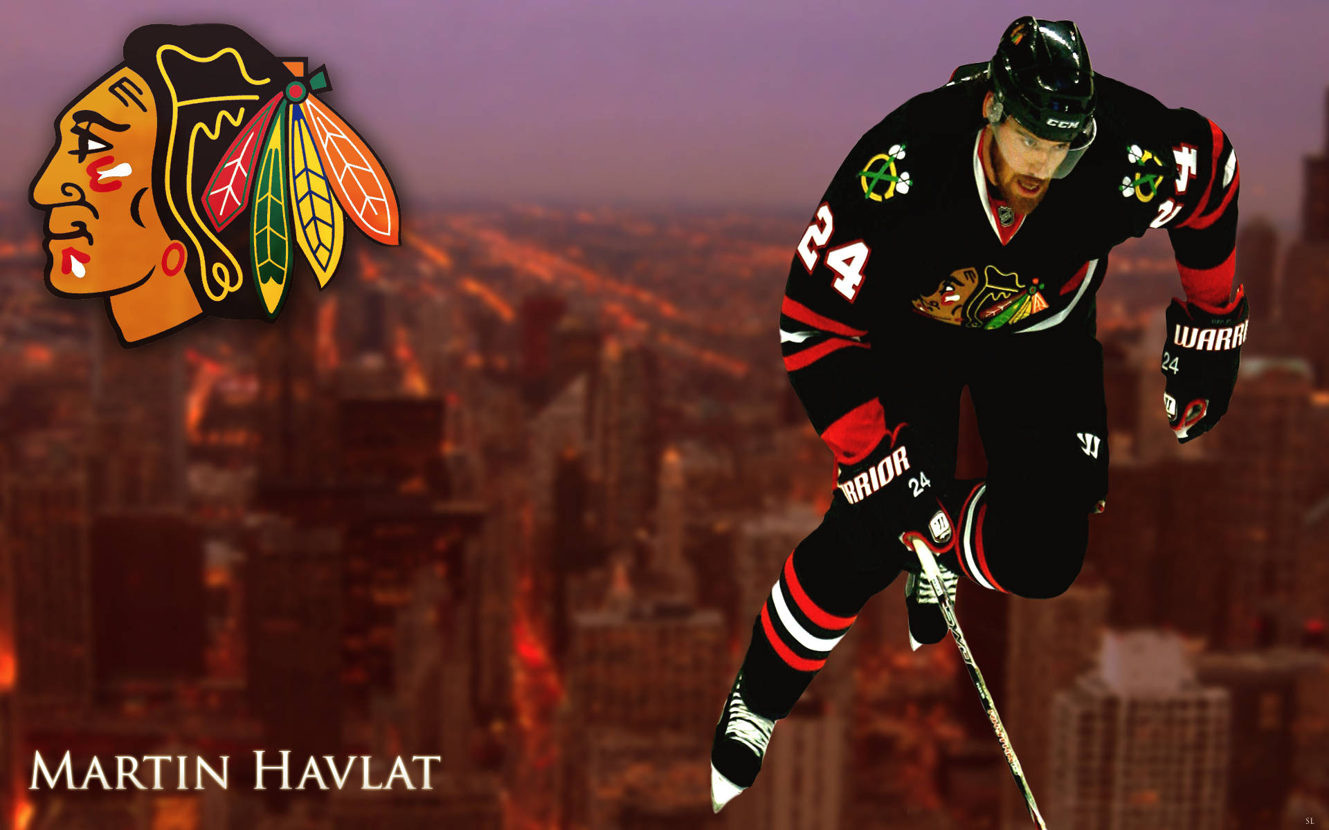 Blackhawks 桌布 壁紙 — 冰球運動員 Martin Havlat 身穿黑紅相間制服，在暮色中躍過城市天際線，帶有芝加哥黑鷹隊標誌。