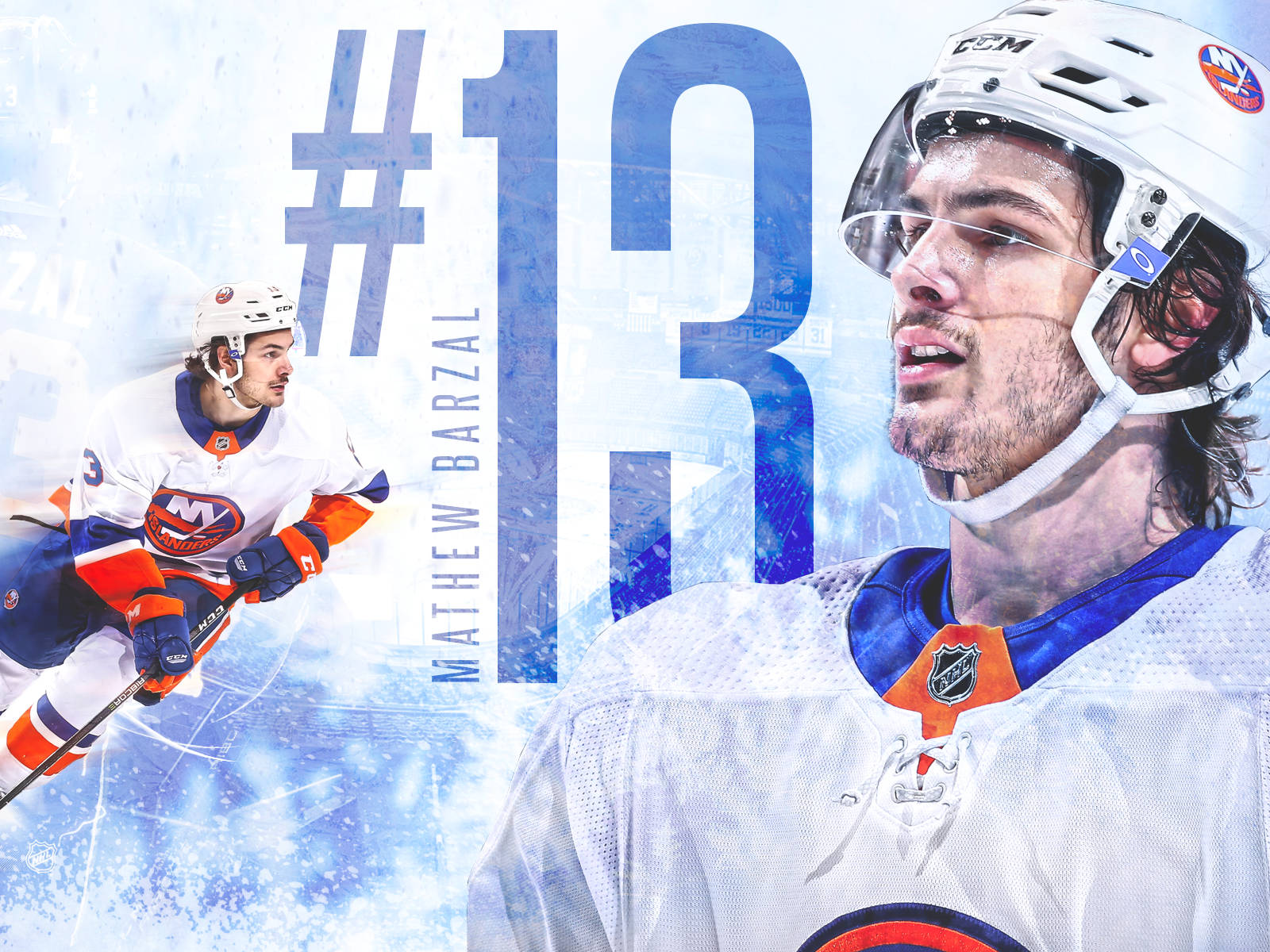 運動 桌布 壁紙 — 冰球運動員 Mathew Barzal 在動態藍色冰背景中穿著13號球衣的動作和特寫。