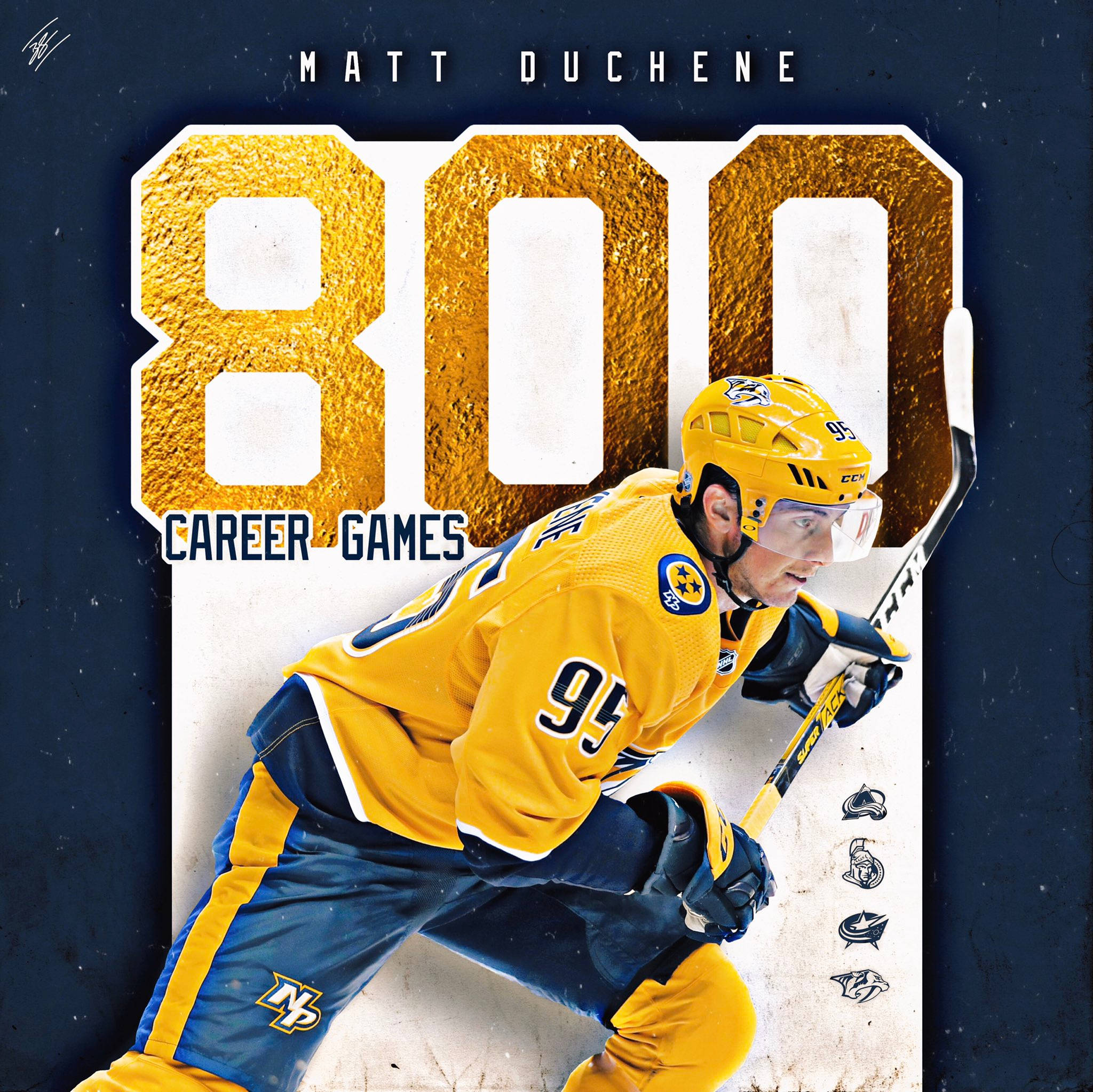 運動 桌布 壁紙 — 冰球運動員 Matt Duchene 身穿黃色球衣，動態地蹲在巨大的金色『800』旁邊，慶祝職業生涯第800場比賽。