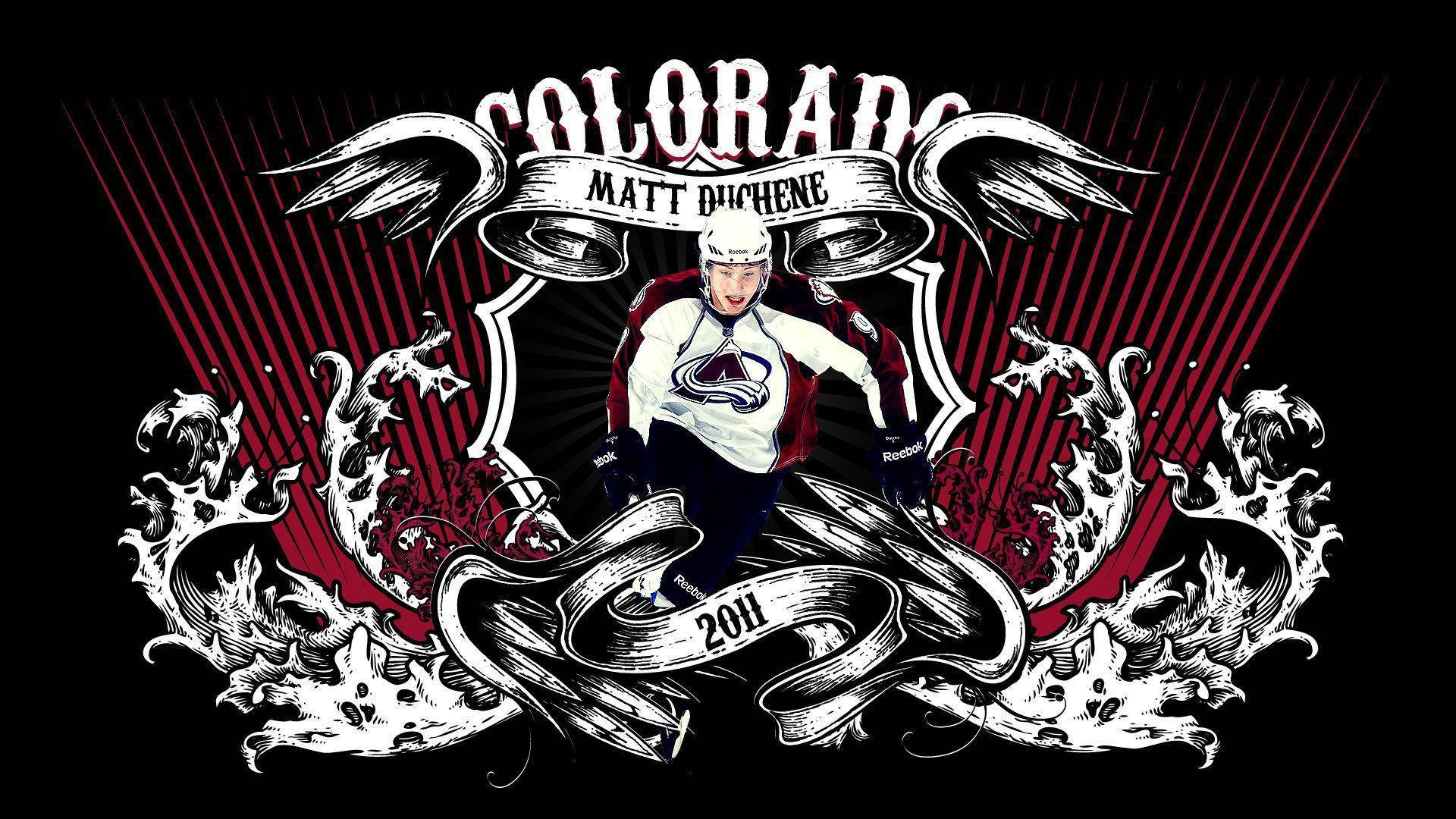 Avalanche 桌布 壁紙 — 冰球運動員 Matt Duchene 身穿科羅拉多雪崩隊裝備，周圍環繞著華麗的黑紅裝飾元素的風格化插圖。