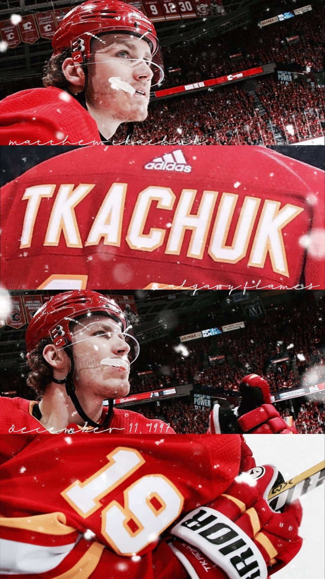 Calgary Flames 桌布 壁紙 — 冰球運動員 Matthew Tkachuk 身穿紅色 Flames 球衣，在擠滿觀眾的場館比賽中雪花飄落。