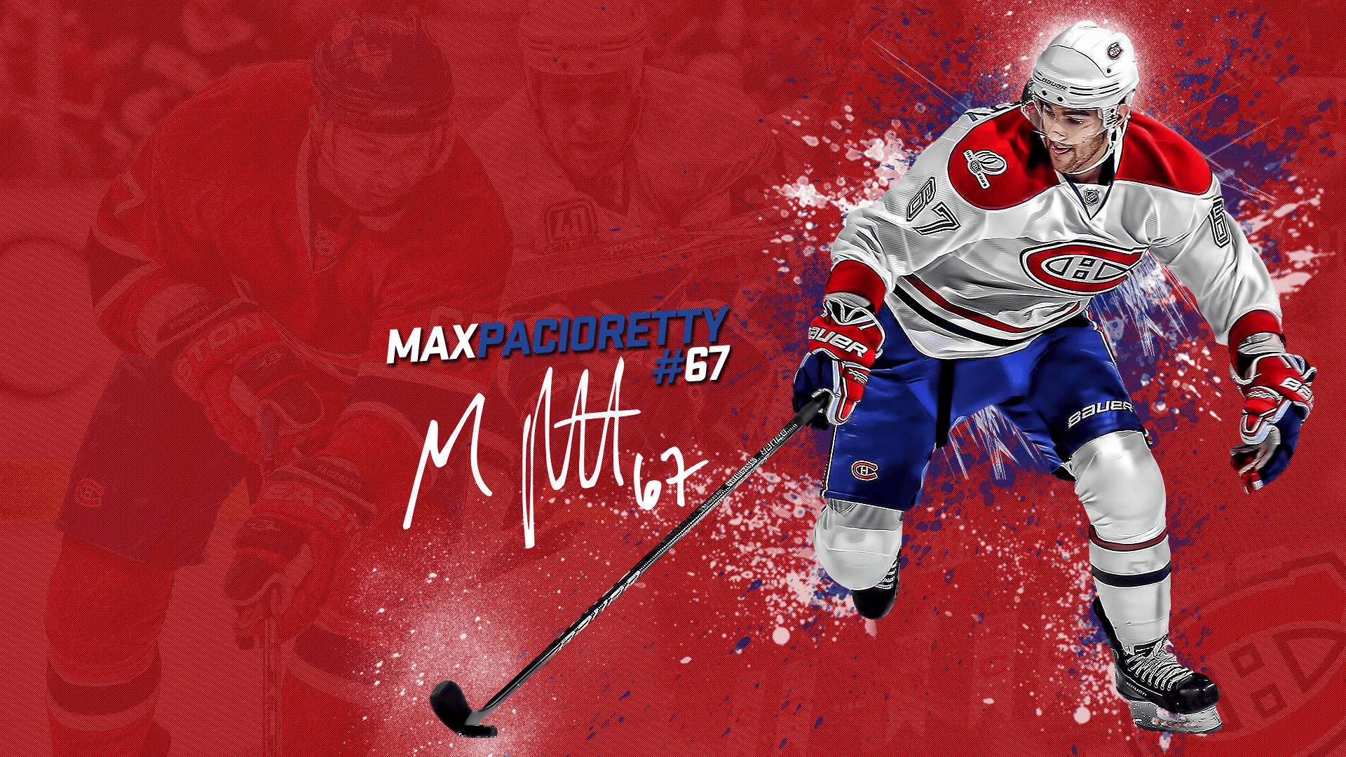 運動 桌布 壁紙 — 冰球運動員 Max Pacioretty 身穿蒙特婁加拿大人隊制服，在充滿活力的紅色潑濺背景前動態向前滑行。