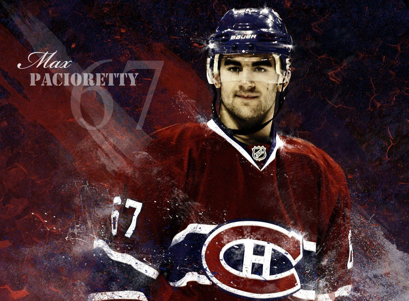運動 桌布 壁紙 — 冰球運動員 Max Pacioretty 身穿蒙特婁加拿大人隊球衣，背景為大膽的紅色和黑色潑濺效果。