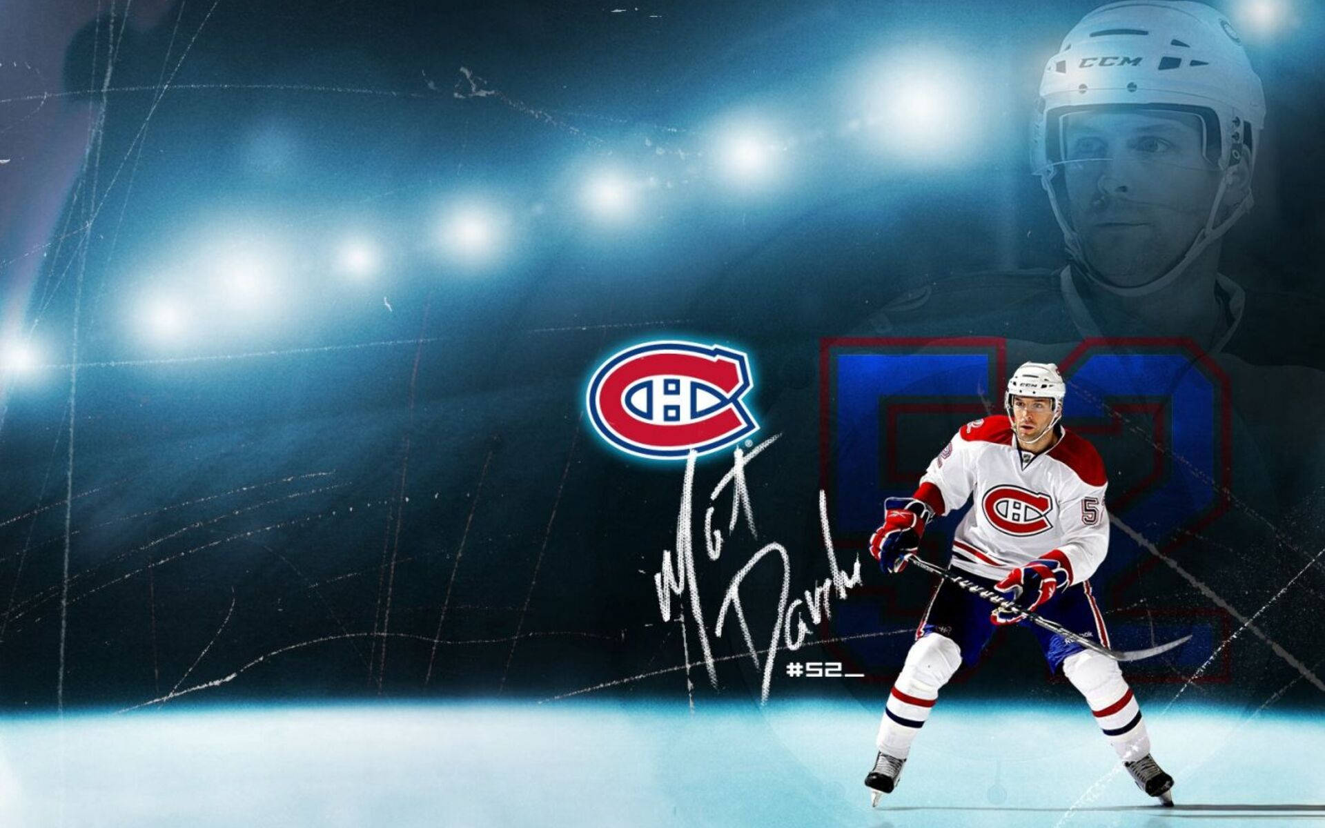 Canadiens 桌布 壁紙 — 冰球運動員 Mike Dano 身穿蒙特婁加拿大人隊裝備，在明亮的場館燈光下滑冰，附有球隊標誌和簽名。