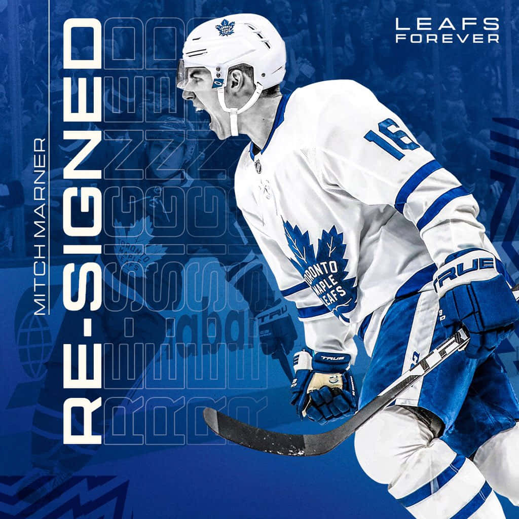 graphic design 桌布 壁紙 — 冰球運動員 Mitch Marner 身穿多倫多楓葉隊裝備，在藍色圖形背景前激烈慶祝。