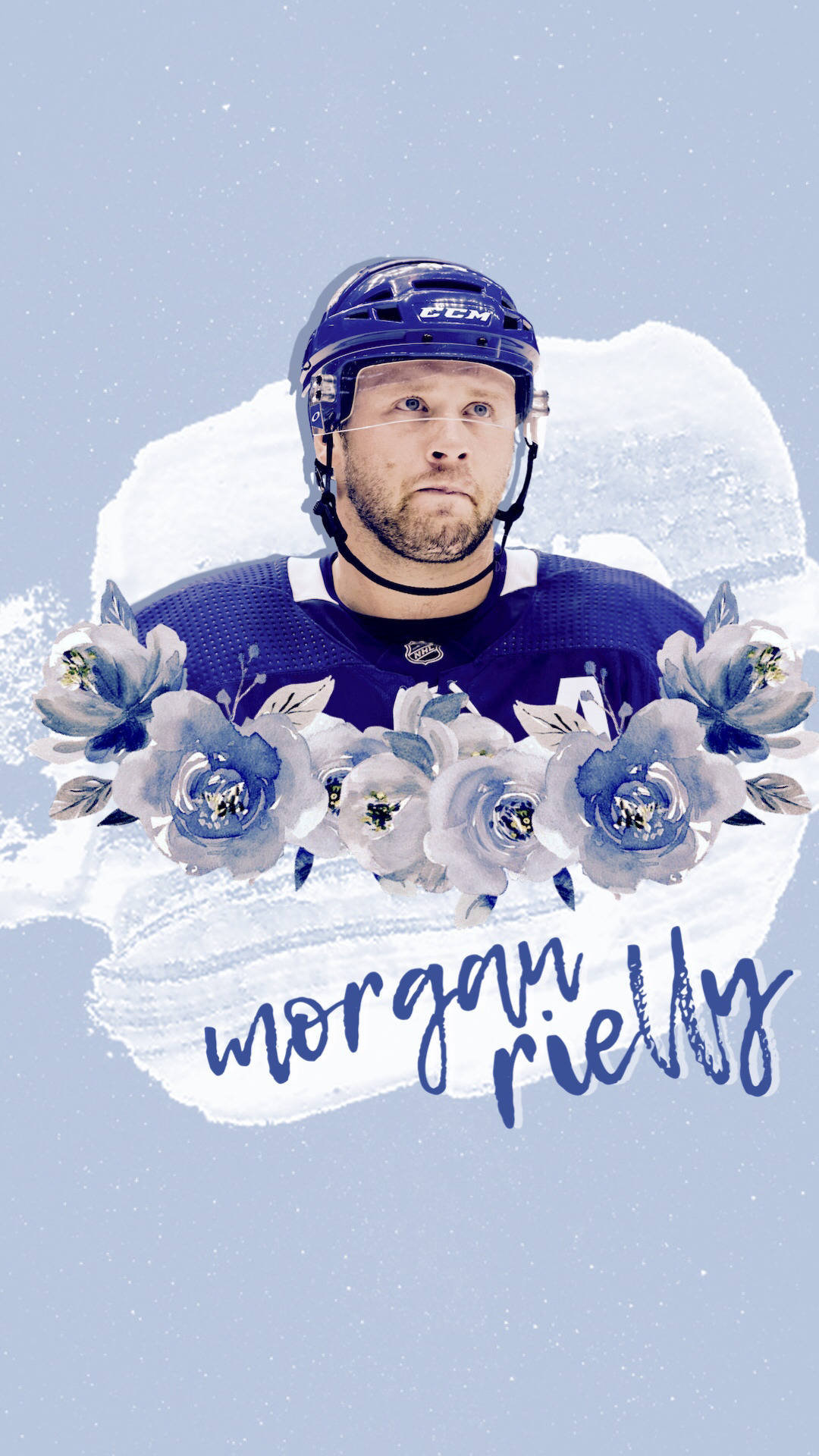 運動 桌布 壁紙 — 冰球運動員 Morgan Rielly 身穿藍色裝備，以水彩花卉框住，背景柔和冰感。