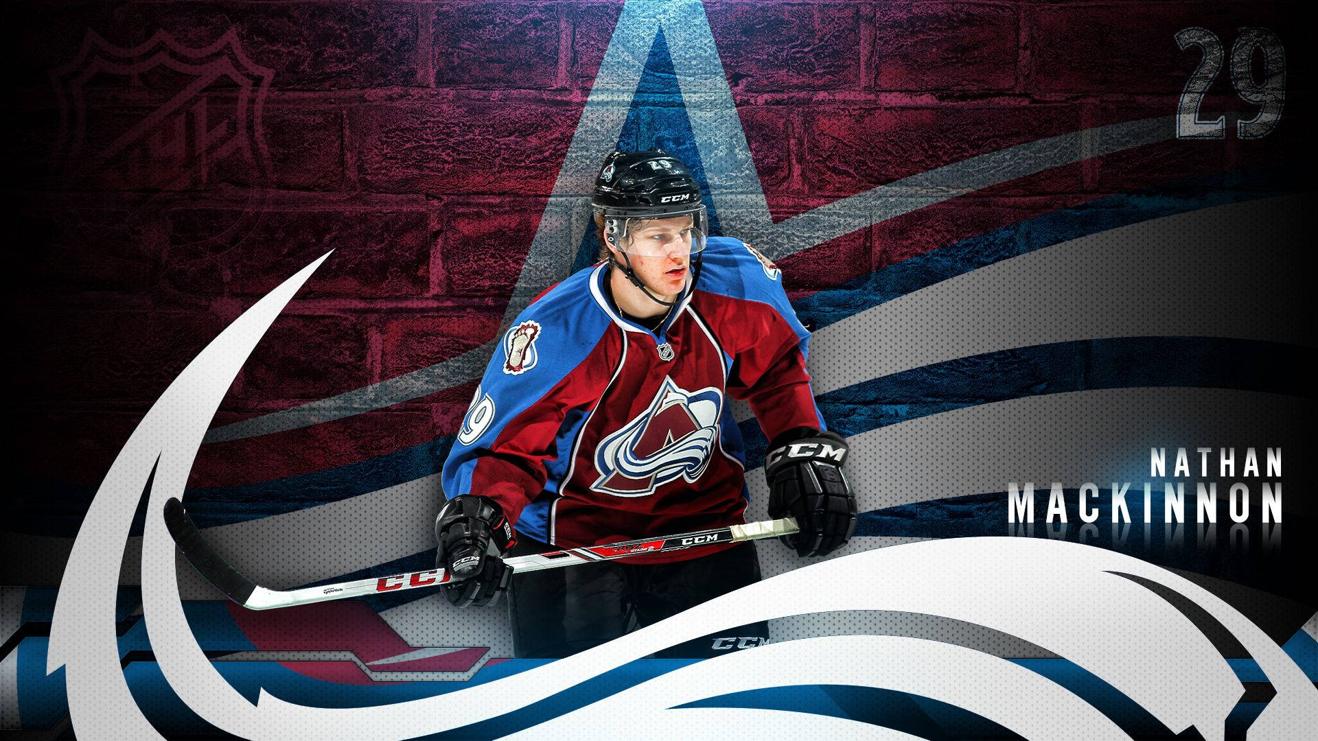 運動 桌布 壁紙 — 冰球運動員 Nathan MacKinnon 身穿科羅拉多雪崩隊球衣，手持球棍，以磚牆背景搭配球隊標誌和動態曲線，準備就緒。