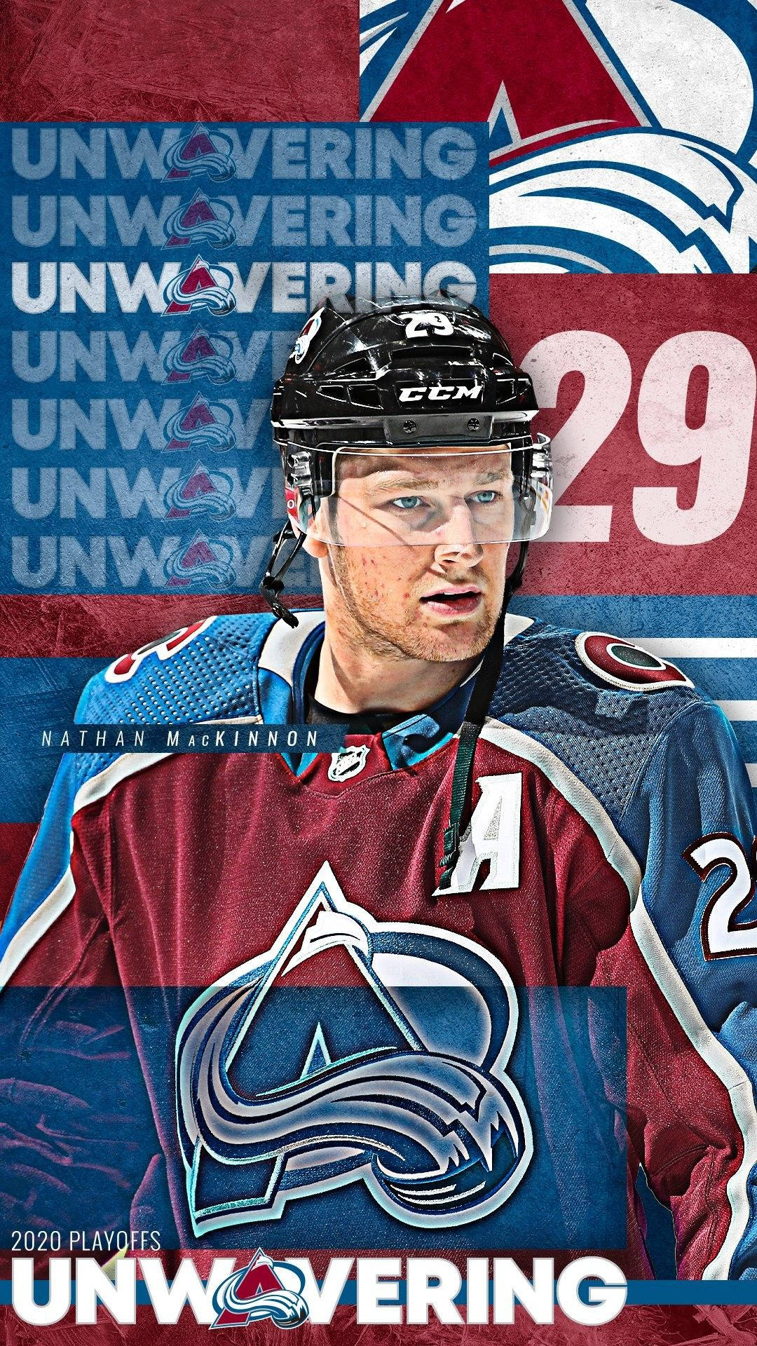 Avalanche 桌布 壁紙 — 冰球運動員 Nathan MacKinnon 身穿科羅拉多雪崩隊球衣，在重複的「UNWAVERING」文字大膽紅藍白圖形背景前凝視。