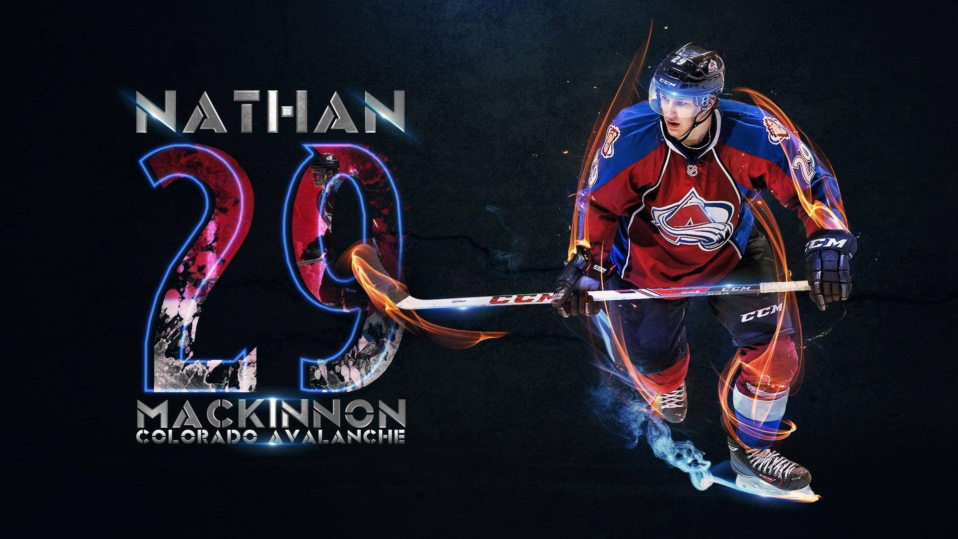 Avalanche 桌布 壁紙 — 冰球運動員 Nathan MacKinnon 身穿科羅拉多雪崩隊裝備，在黑暗背景下散發出熾熱的能量。