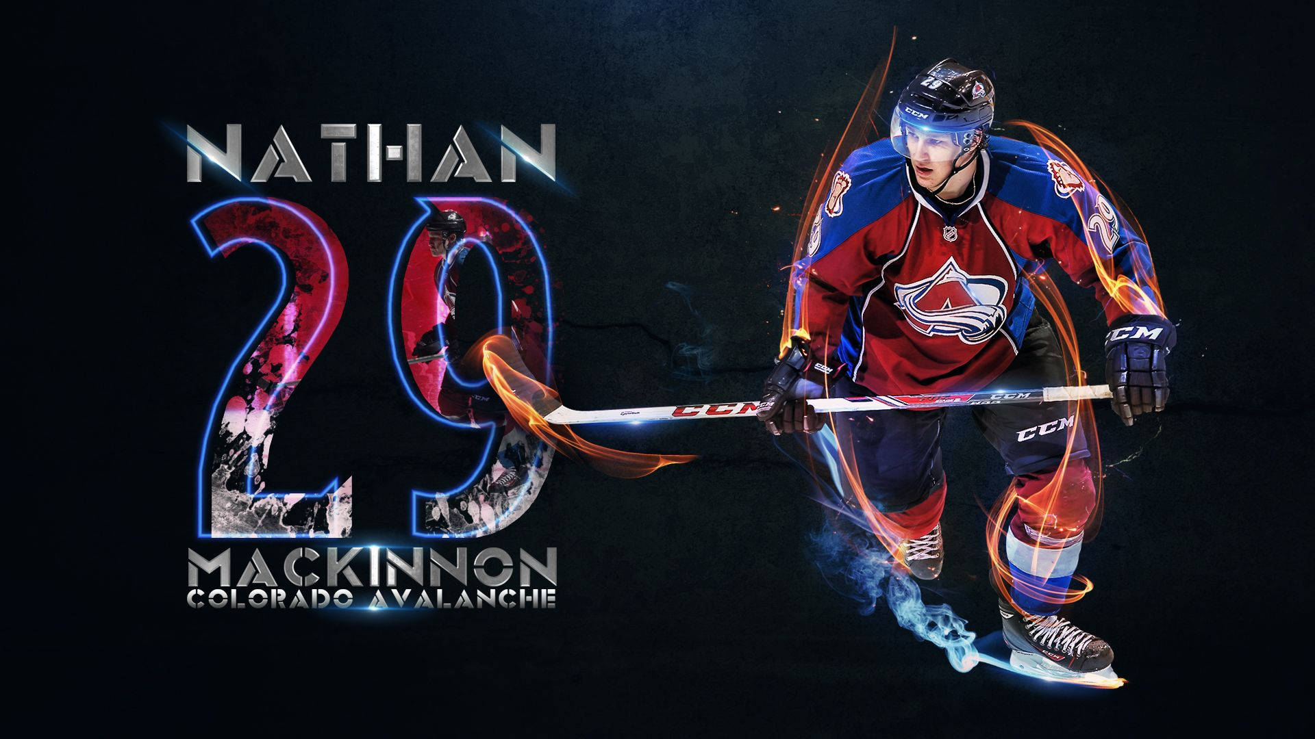 運動 桌布 壁紙 — 冰球運動員 Nathan MacKinnon 身穿科羅拉多雪崩隊裝備，在黑暗背景上滑行，帶有發光的能量軌跡。