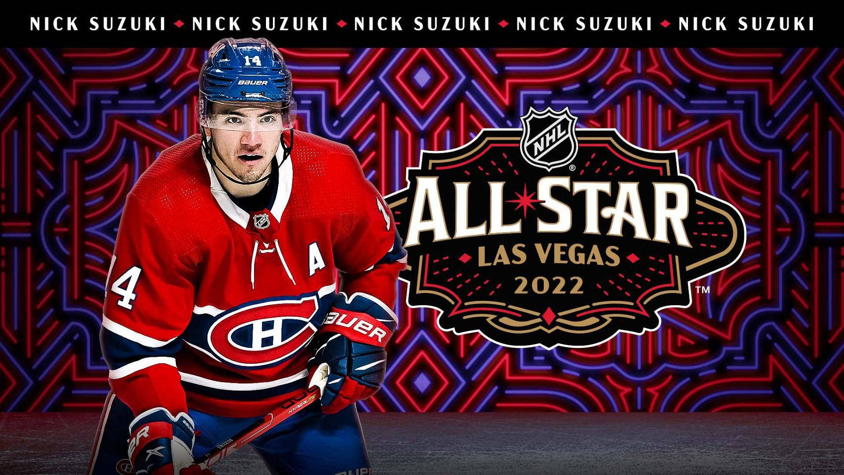 運動 桌布 壁紙 — 冰球運動員 Nick Suzuki 身穿紅色蒙特婁加拿大人隊球衣，在充滿活力的霓虹幾何背景前動態擺姿勢，背景帶有 NHL 全明星拉斯維加斯 2022 標誌。