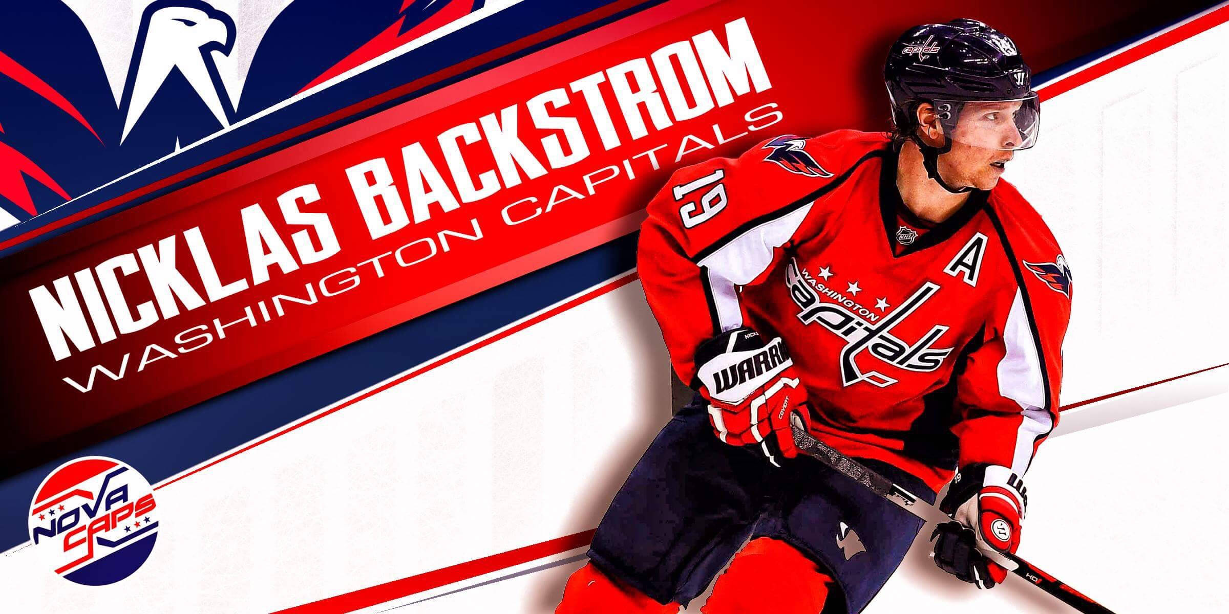 Sweden 桌布 壁紙 — 冰球運動員 Nicklas Backstrom 身穿紅色 Capitals 球衣，在冰上擺好姿勢，背景為動態圖形。