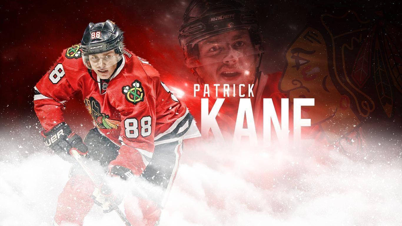 運動 桌布 壁紙 — 冰球運動員 Patrick Kane 身穿紅色 Blackhawks 球衣，在雪冰上以強烈的專注力和動態動作滑行。