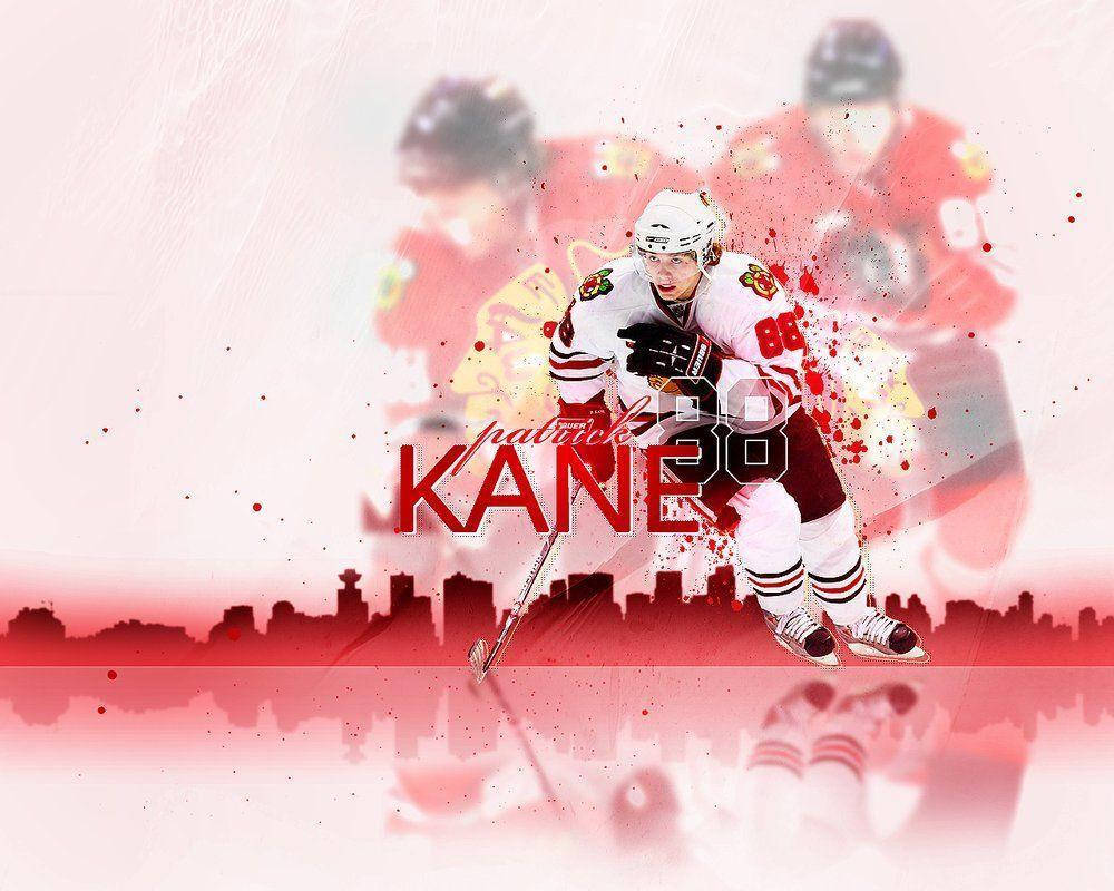 運動 桌布 壁紙 — 冰球運動員 Patrick Kane 在紅色潑濺效果和城市天際線背景下的動作。