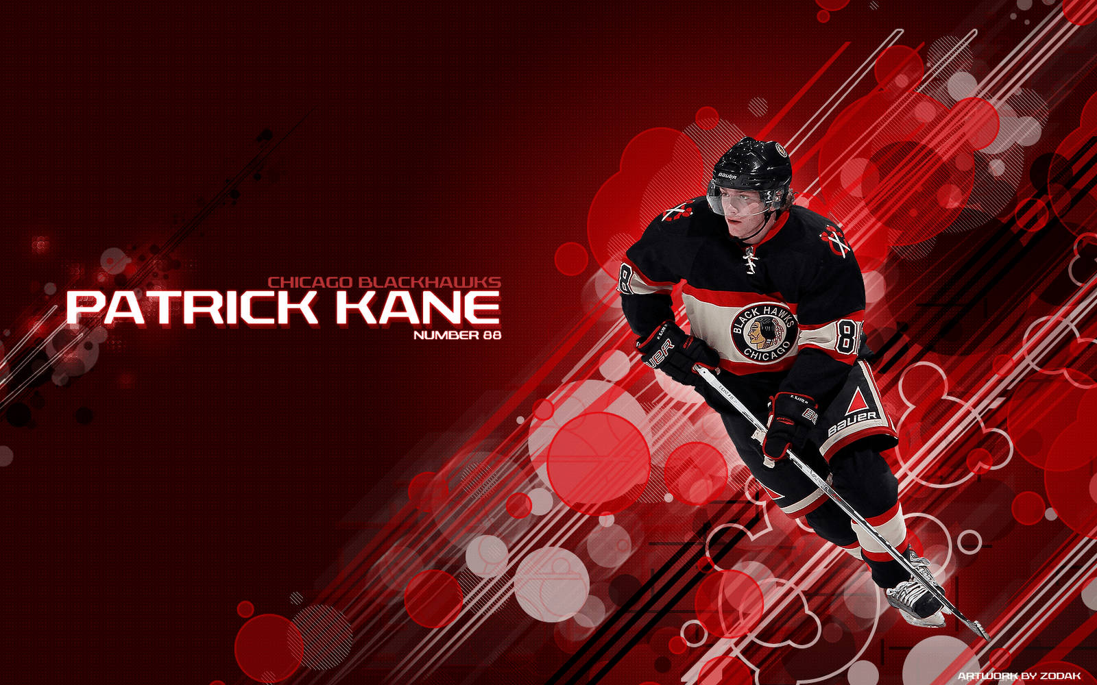 運動 桌布 壁紙 — 冰球運動員 Patrick Kane 身穿芝加哥黑鷹隊裝備，在帶有條紋和散景圓圈的動態紅色抽象背景前向前衝刺。