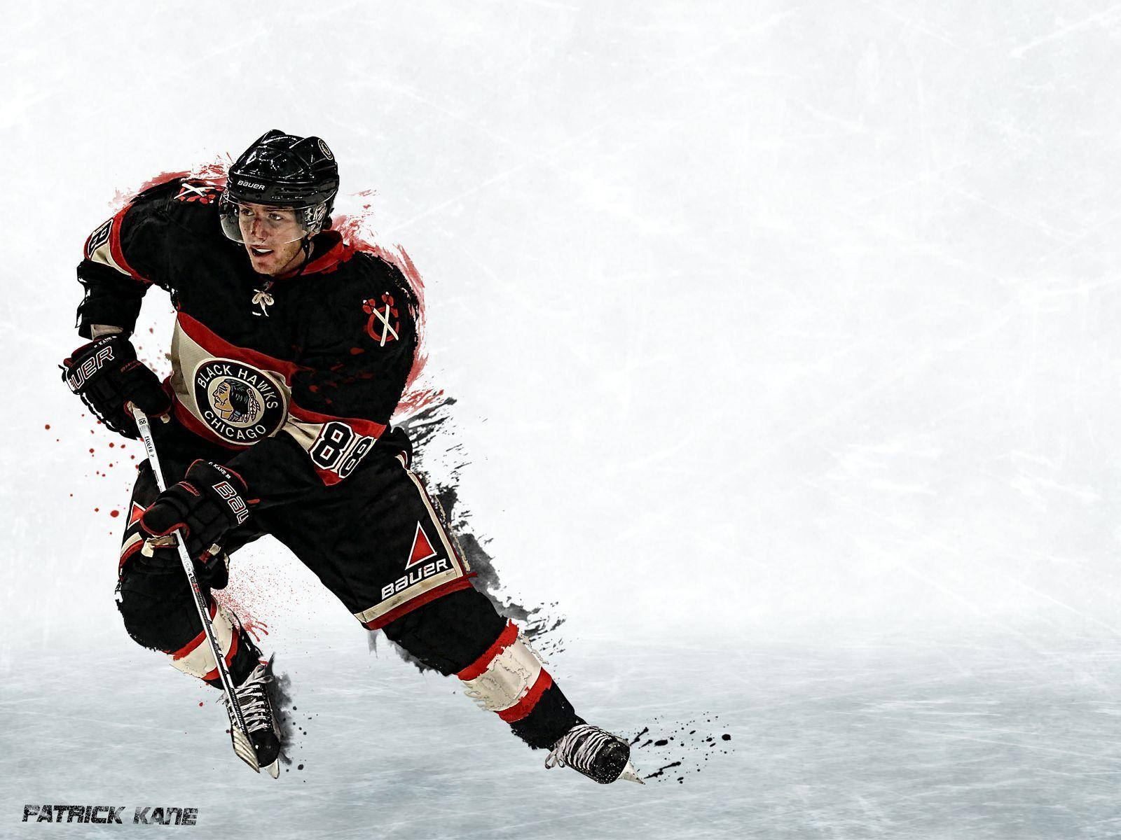 運動 桌布 壁紙 — 冰球運動員 Patrick Kane 身穿黑紅配色 Blackhawks 裝備，在冰上向前衝刺，帶有動態的顏料潑濺效果。