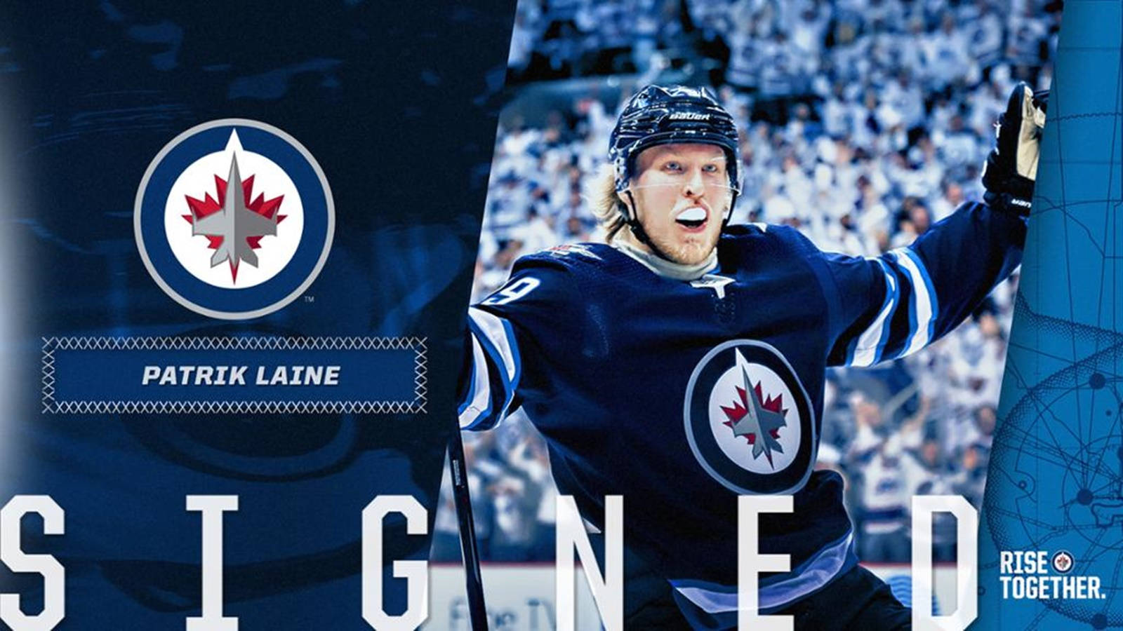 運動 桌布 壁紙 — 冰球運動員 Patrik Laine 身穿溫尼伯噴射機隊裝備，在明亮的體育場燈光下，於座無虛席的場館內高舉雙臂慶祝。